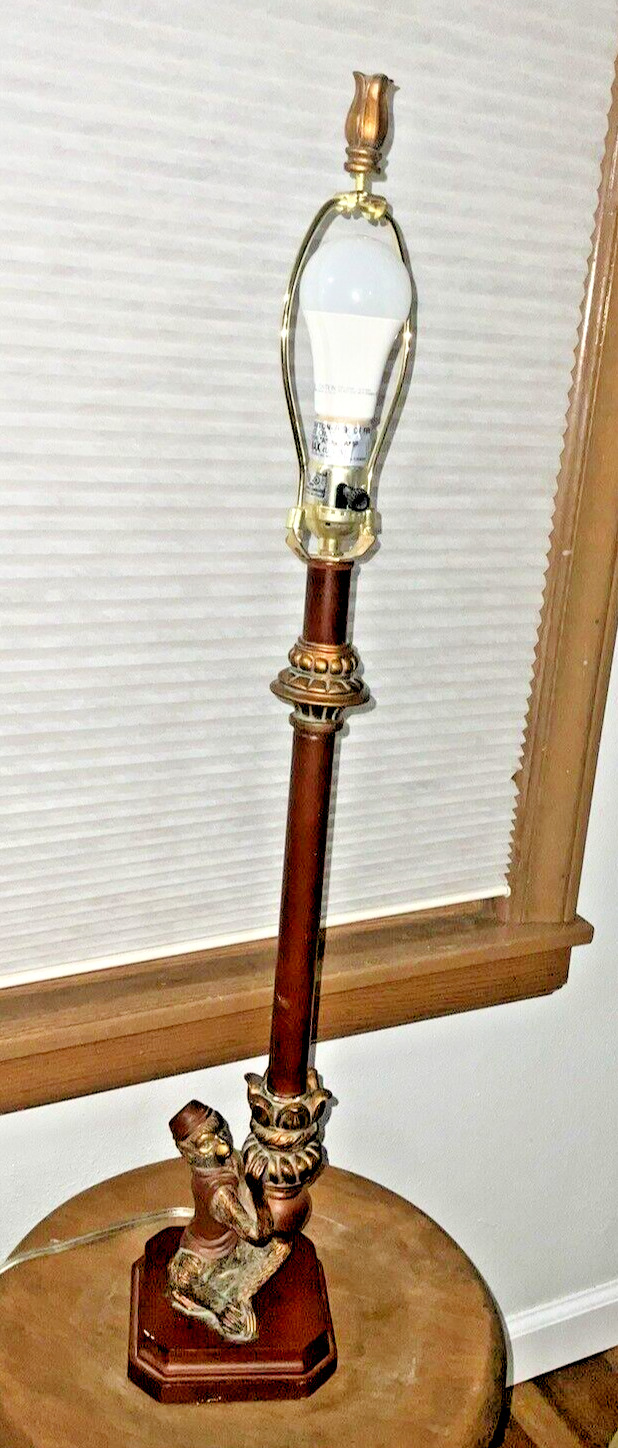 Vintage Brass Brown Bergman Bellhop Monkey Table Candlestick Lamp  31” Patina