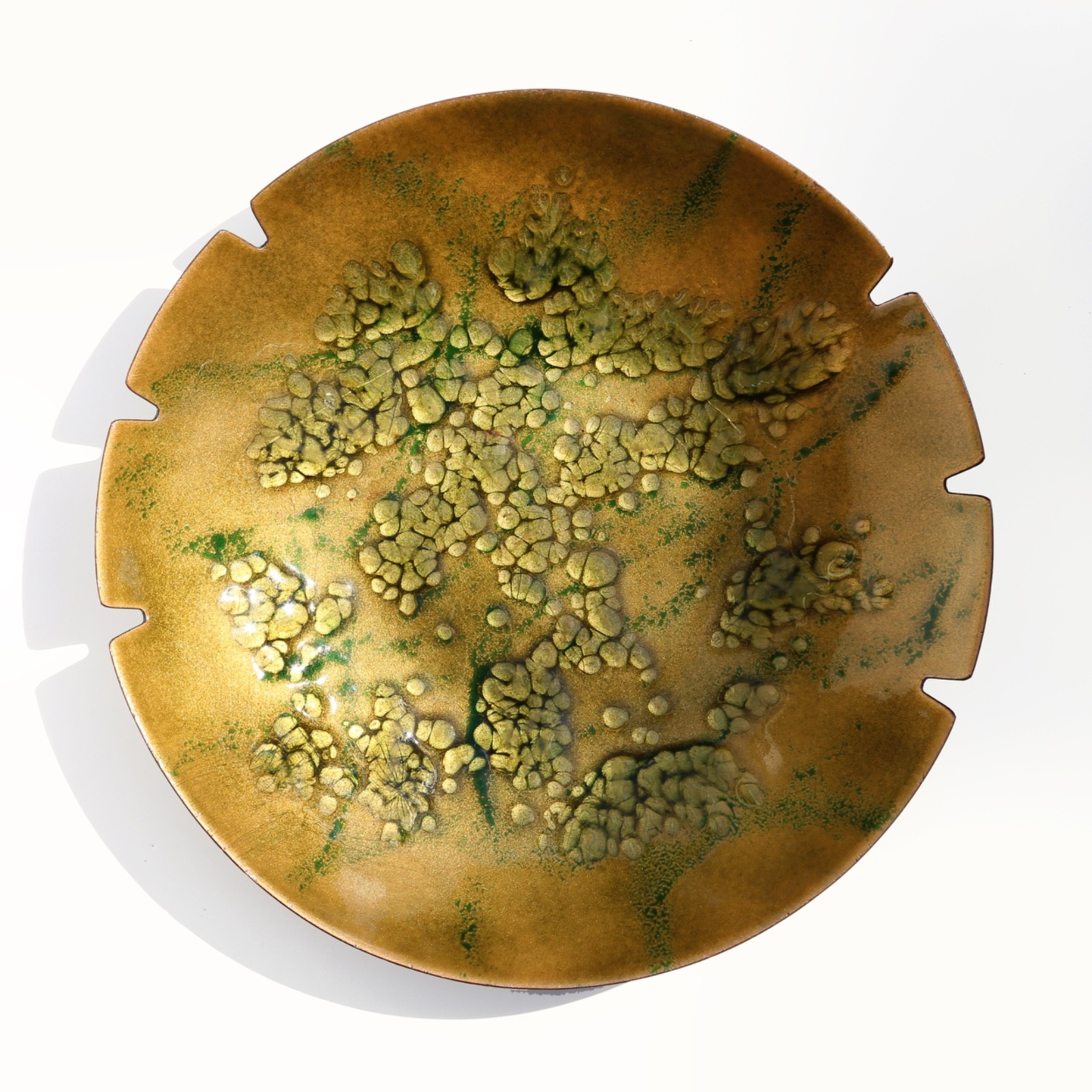 Vintage Mid Century Enamel on Copper Bowl with Green Gold Textured Lava Design