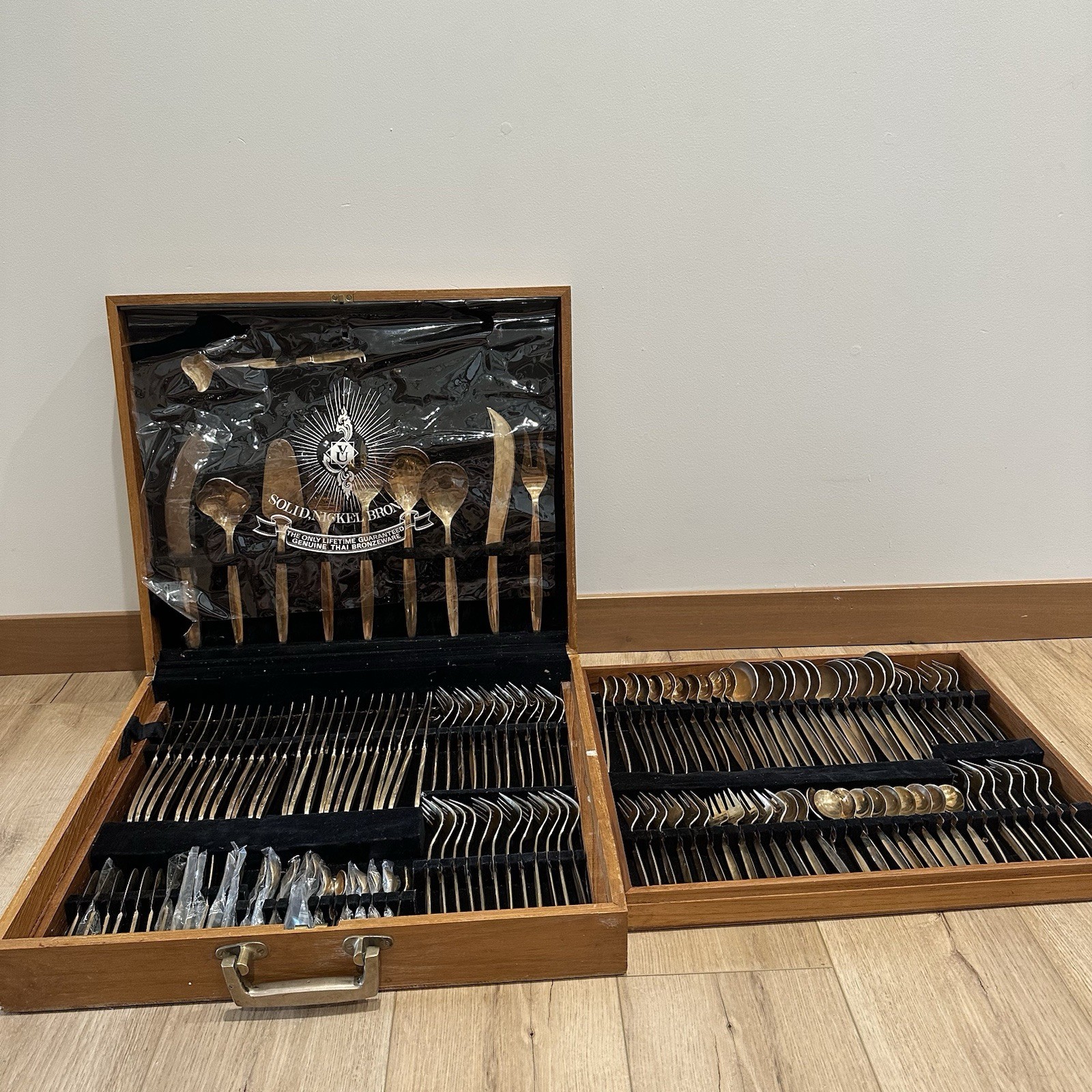 Vintage 127 Pieces Flatware Set THAI Solid Nickel Bronze Wood Case Bronzeware