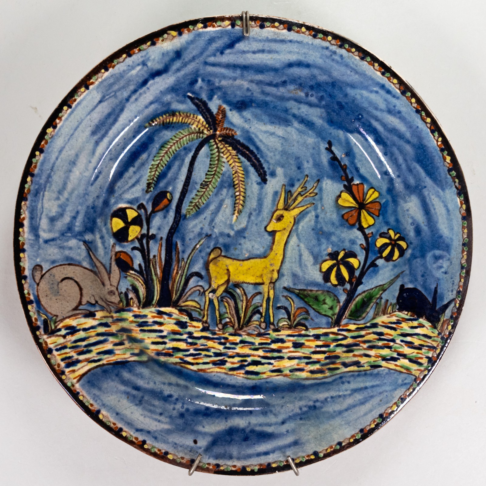 Vintage 1920/30's Tlaquepaque Mexican Washy Blue Pottery Deer Plate Vintage 1920/30's Tlaquepaque Mexican Washy Blue Pottery Deer Plate