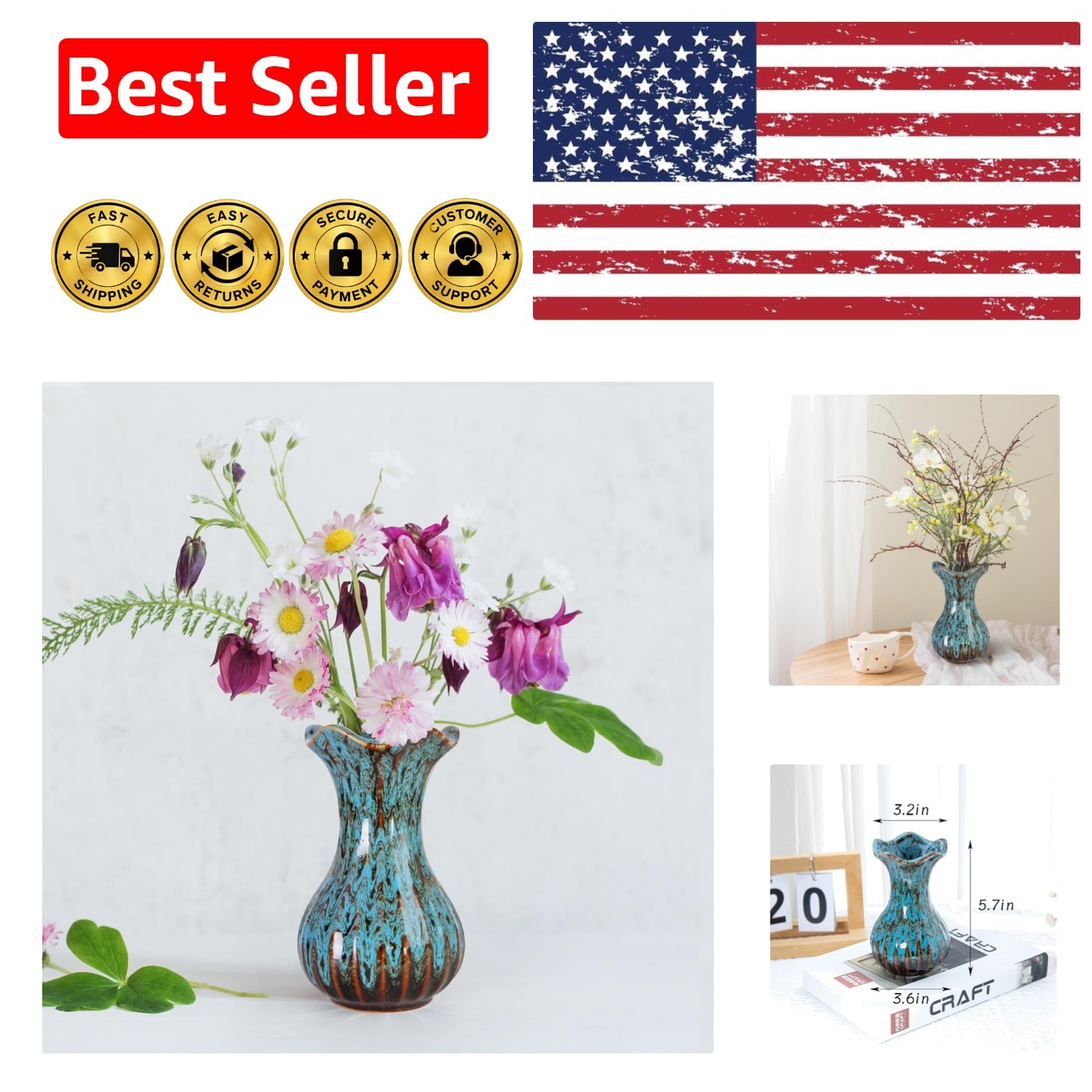 Timeless Blue Ceramic Flower Vase - Versatile Decor for Weddings & Birthdays