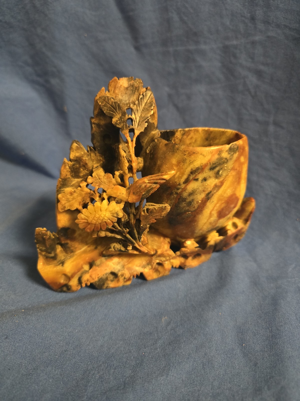 1933 Chicago World's Fair Souvenir Carved Stone Floral Bird Cup Vase