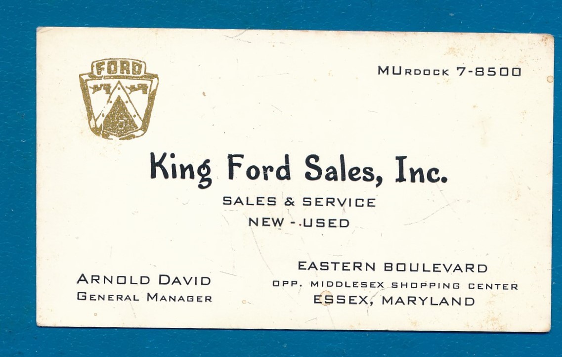Vintage 1950s King Ford Sales Business Card Essex MD Ford Crest Inverted V Logo Vintage 1950s King Ford Sales Business Card Essex MD Ford Crest Inverted V Logo