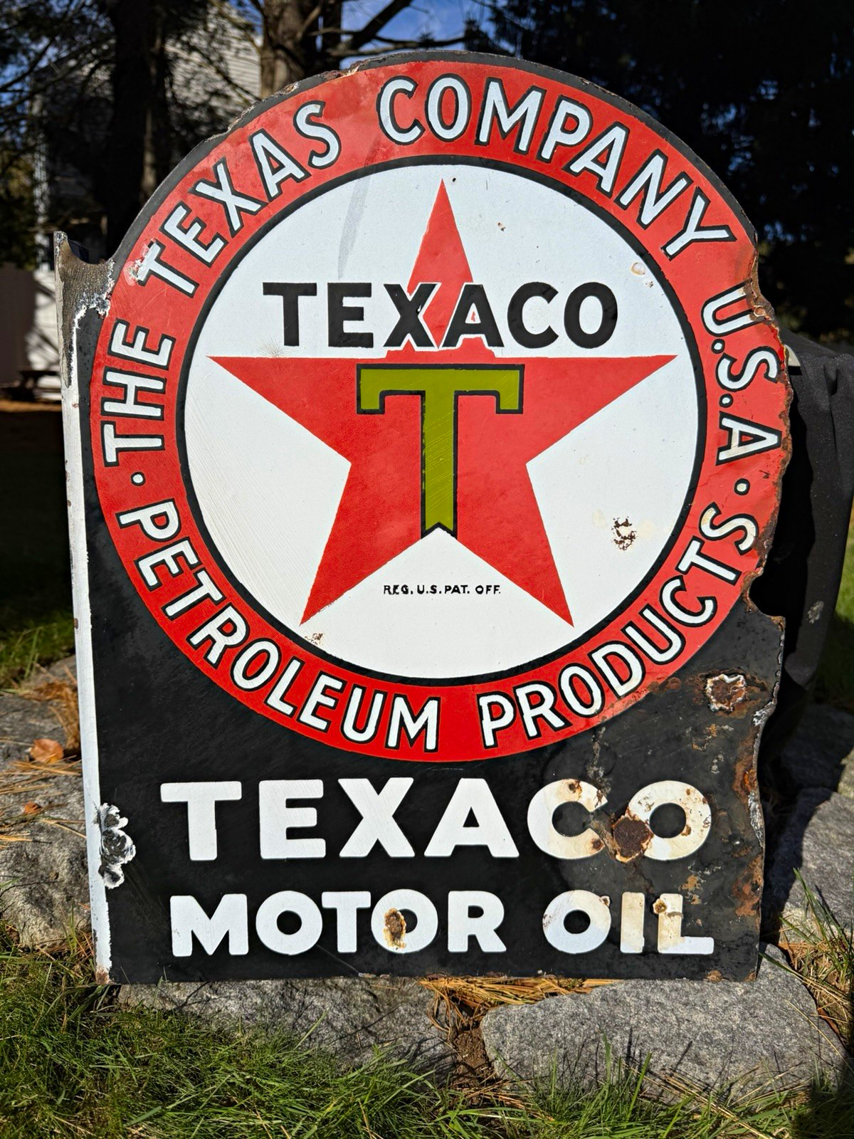 Original 1930’s Texaco Motor Oil Advertising Porcelain Flanged Sign Original 1930’s Texaco Motor Oil Advertising Porcelain Flanged Sign