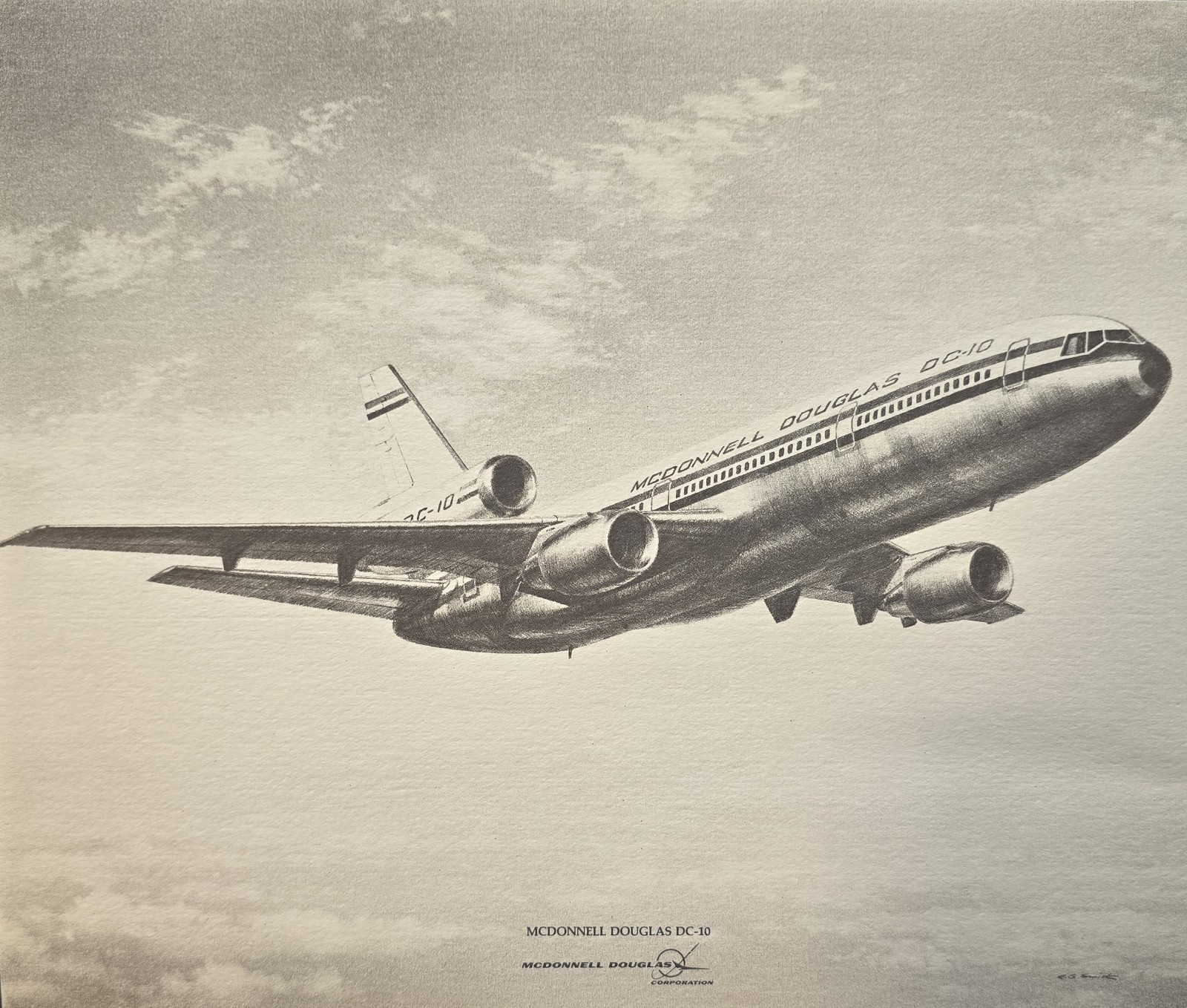Vintage McDonnell Douglas DC-10 Aircraft Aviation Art Print B&W Airline Print