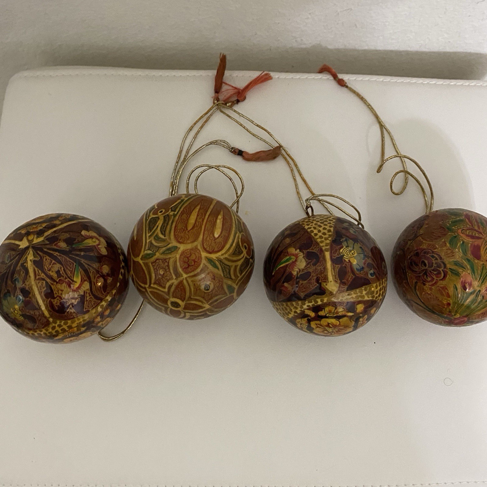 4 Vintage Kashmir Paper Mache Christmas Ornaments Hand Painted Floral Baubles