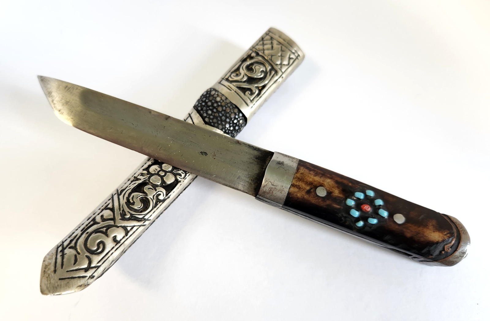 Antique Tibetan Himalayan Turquoise Knife & Sheath Tribal Nomad 6.5\