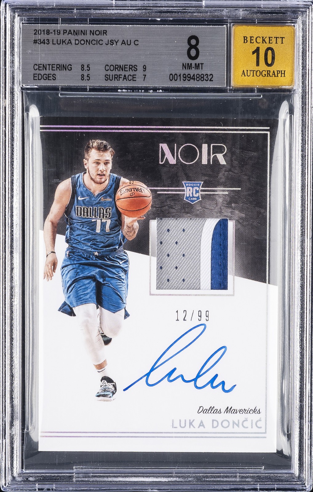 2018-19 PANINI NOIR #343 LUKA DONCIC ROOKIE RC BGS 8