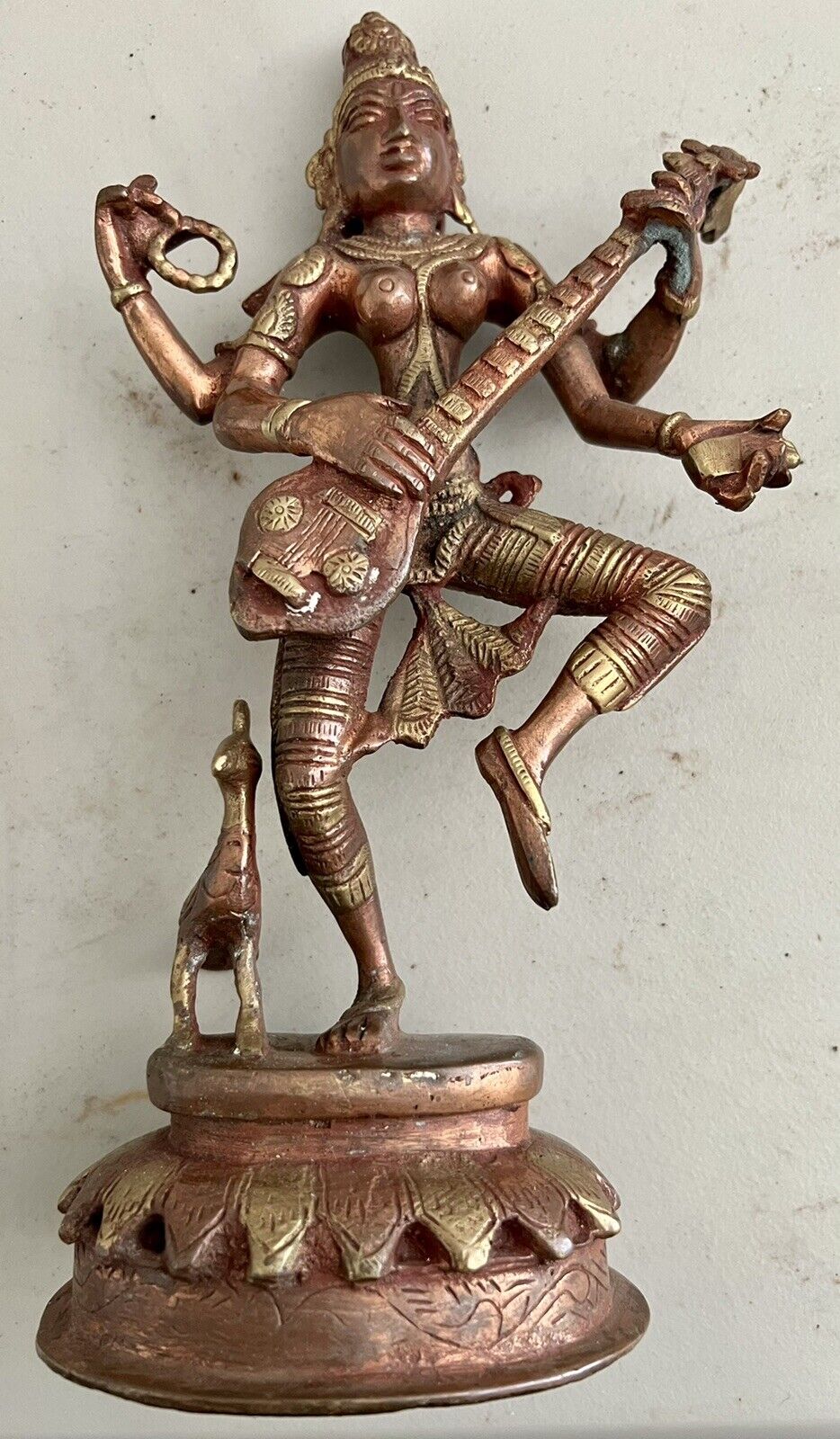 Vintage Brass And Copper Statute Of Goddess Saraswati.
