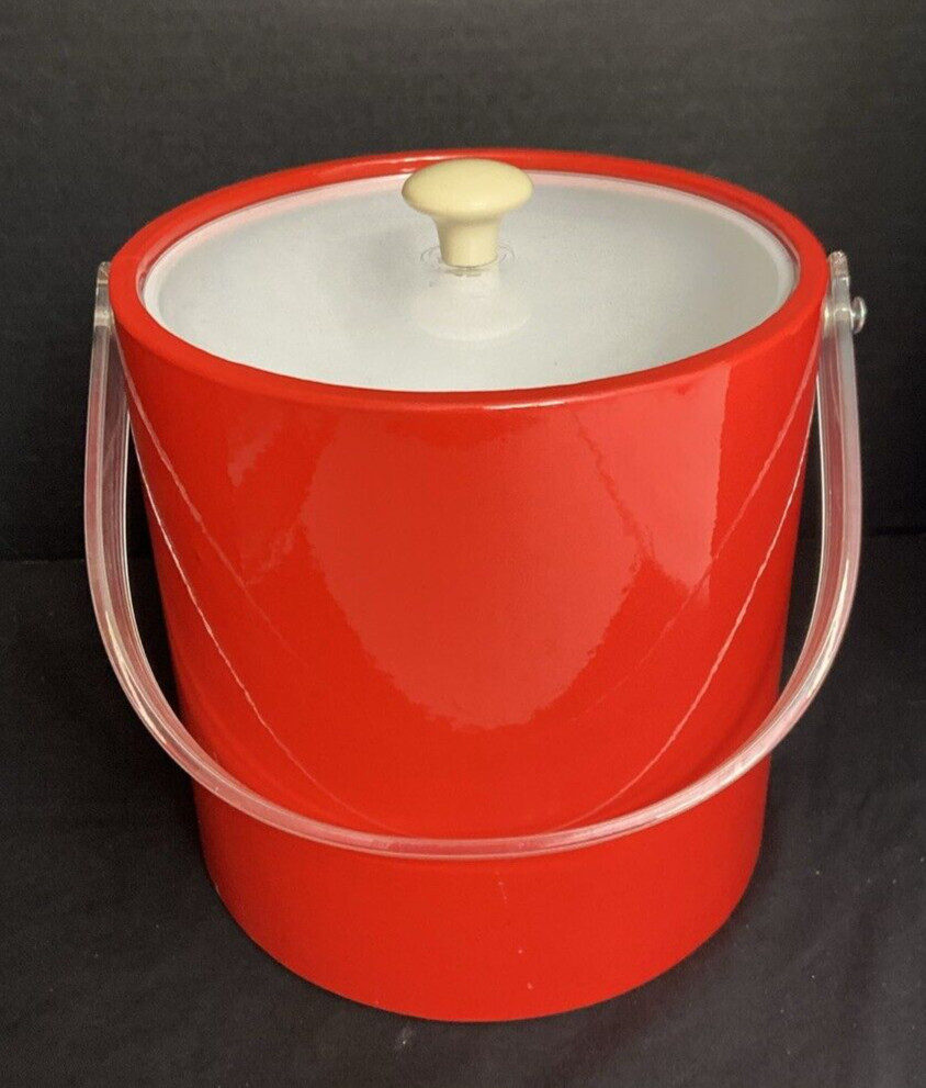 Vtg Red Vinyl Ice Bucket Barware Retro MCM Party Entertaining 70\'s 80s