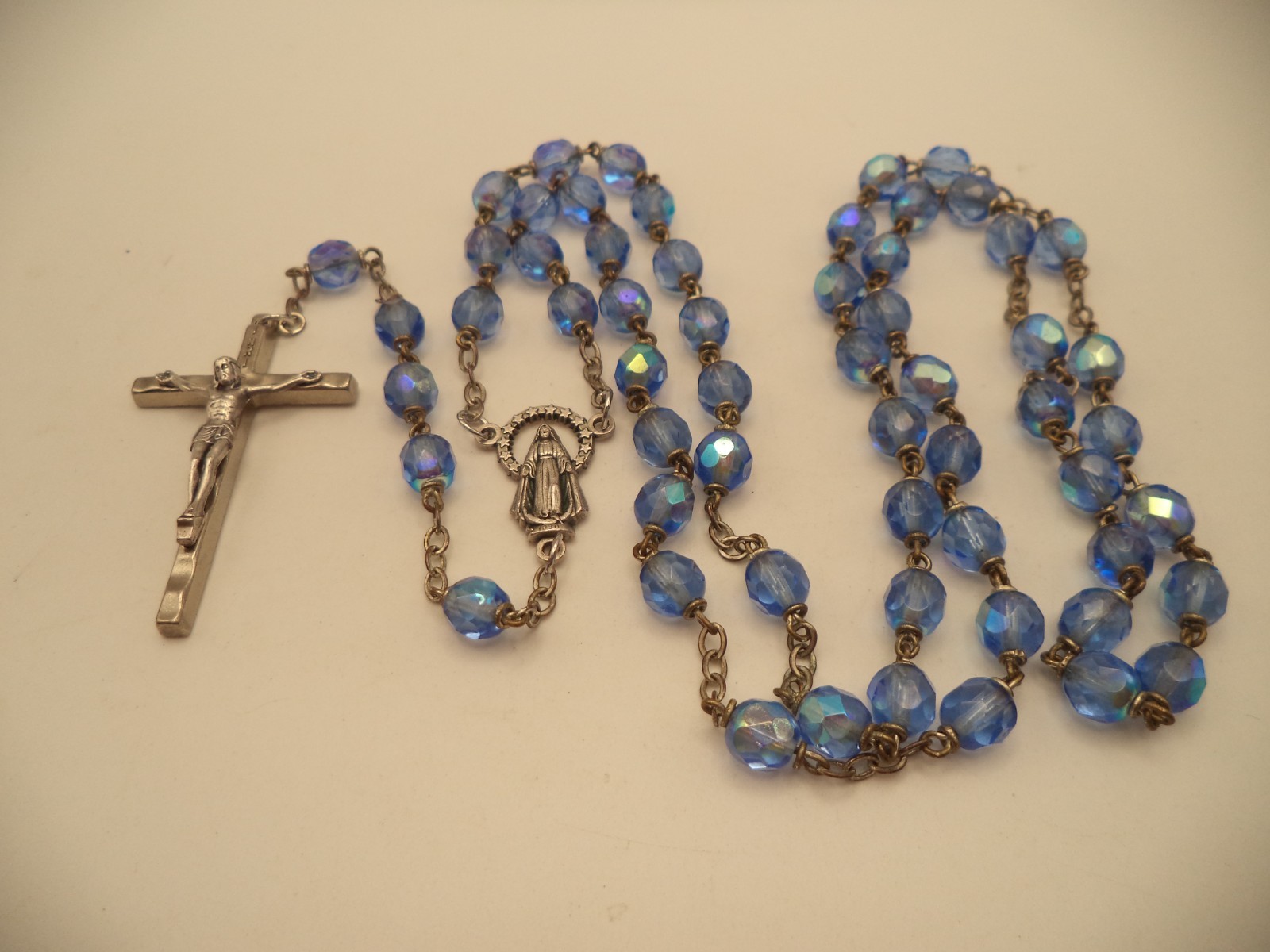 Vintage Italy Blue AB Aurora Borealis Glass Bead Rosary 24\ Vintage Italy Blue AB Aurora Borealis Glass Bead Rosary 24\