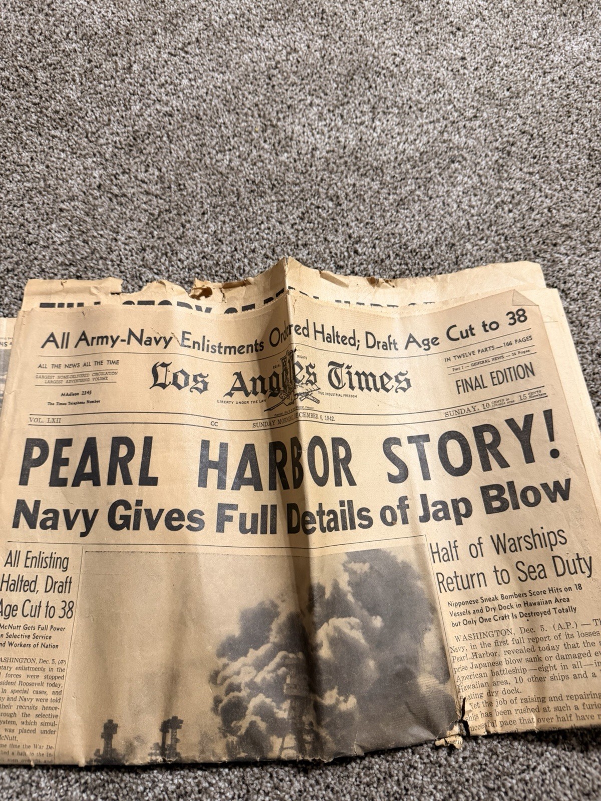 Los Angeles Times — Dec. 6, 1942 — “PEARL HARBOR STORY” Newspaper Los Angeles Times — Dec. 6, 1942 — “PEARL HARBOR STORY” Newspaper