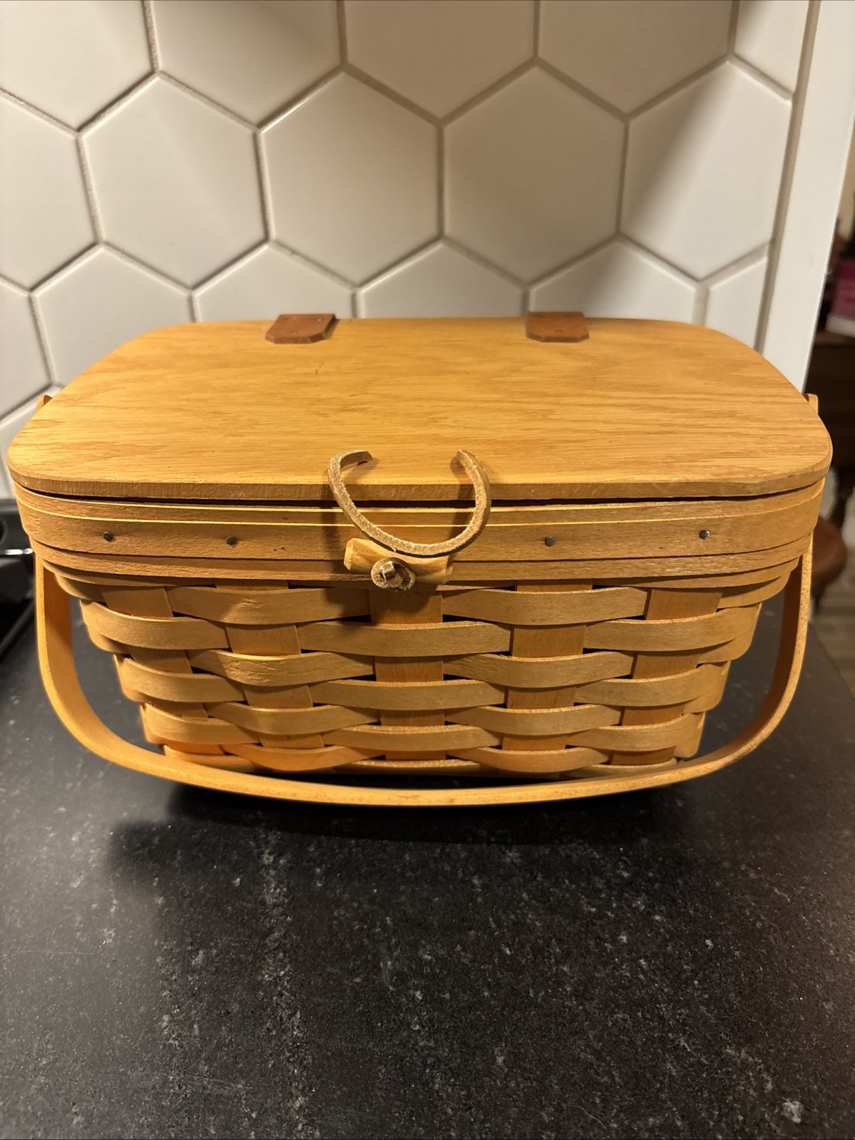 VTG 1996 Longaberger Purse Basket wood handle leather toggle Plastic Liner VTG 1996 Longaberger Purse Basket wood handle leather toggle Plastic Liner