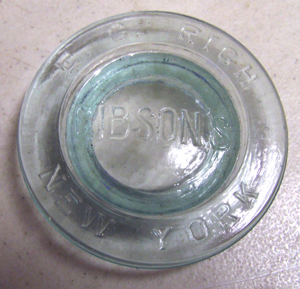 Antique E.C. Rich Gibson\'s New York Glass Aqua Jar Bottle Lid 3\