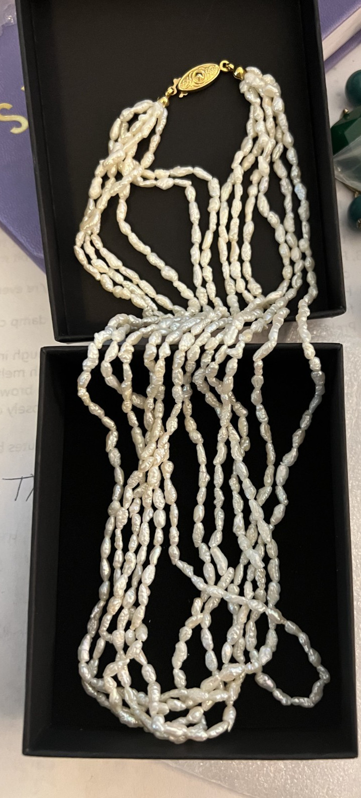 Vintage Cream white Multi-strand Freshwater Rice Pearl Necklace gold tone clasp Vintage Cream white Multi-strand Freshwater Rice Pearl Necklace gold tone clasp