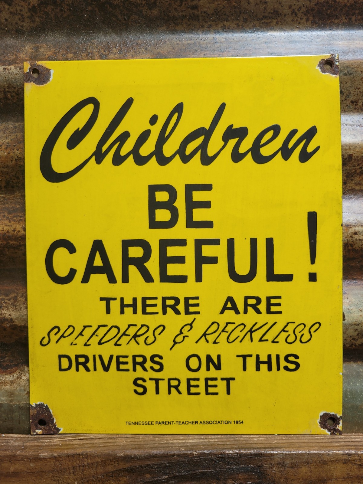 VINTAGE CHILDREN BE CAREFUL PORCELAIN SIGN OLD 1954 TENNESSEE PARENT TEACHER 12