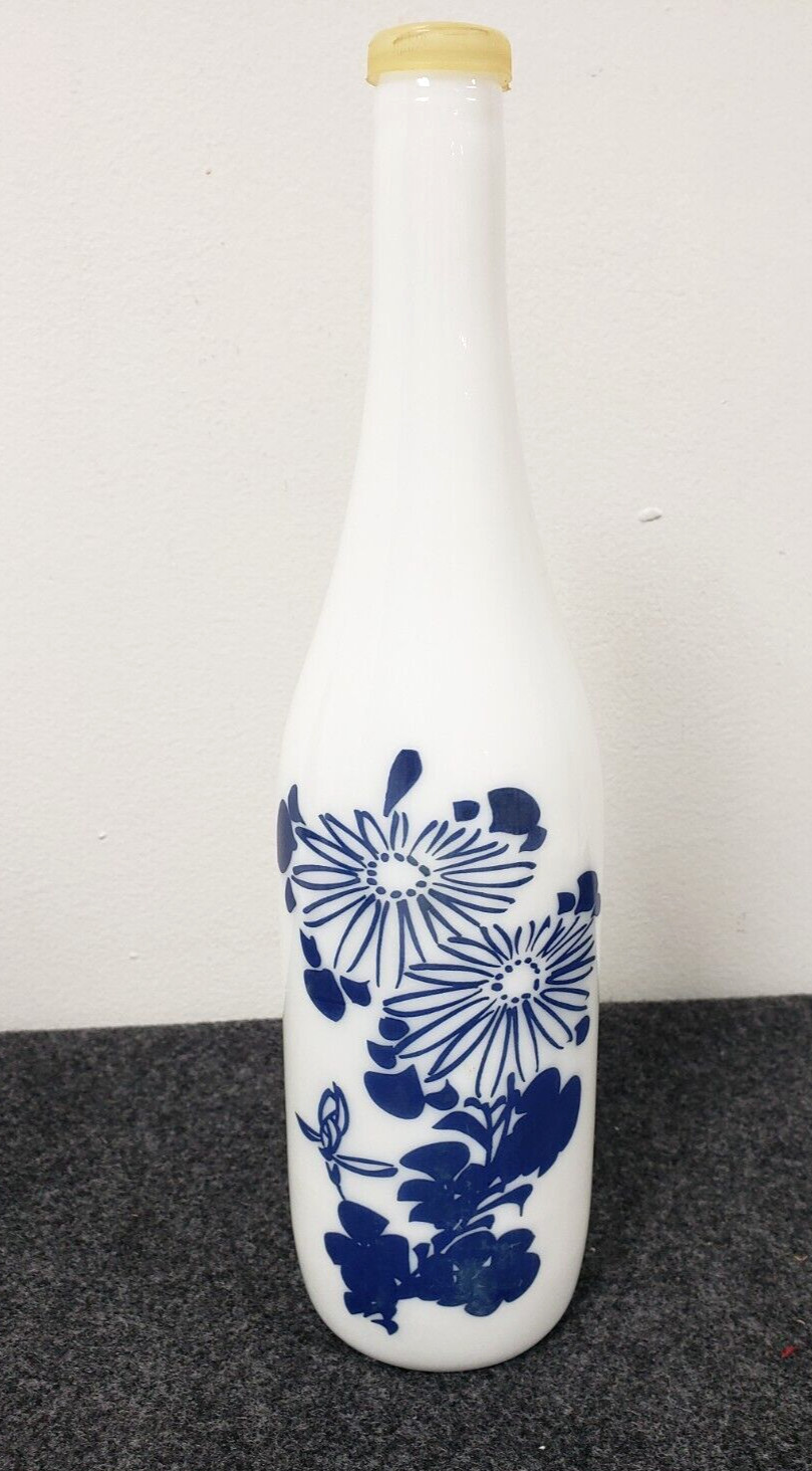 Vintage Kiku-Masamune Japanese Sake Milk Glass Bottle Blue Flowers 12 in w/cap Vintage Kiku-Masamune Japanese Sake Milk Glass Bottle Blue Flowers 12 in w/cap