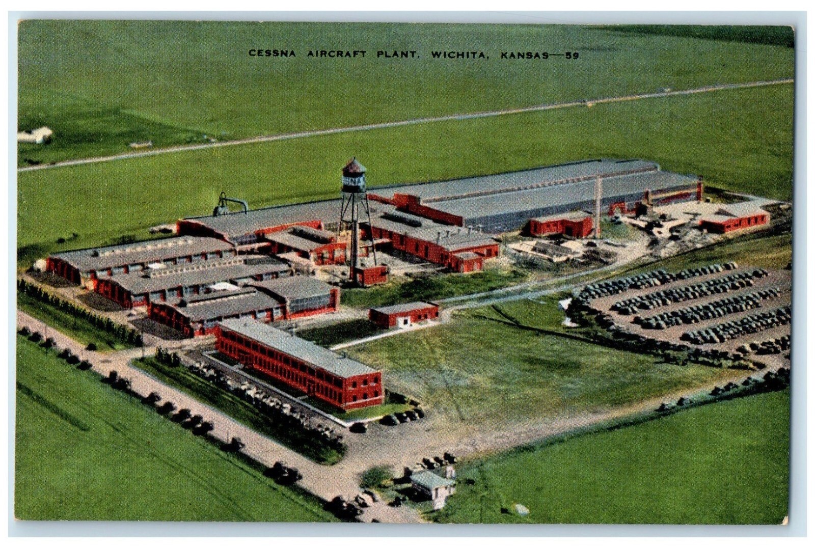 1940 Aerial View Cessna Aircraft Plant Exterior Building Wichita Kansas Postcard