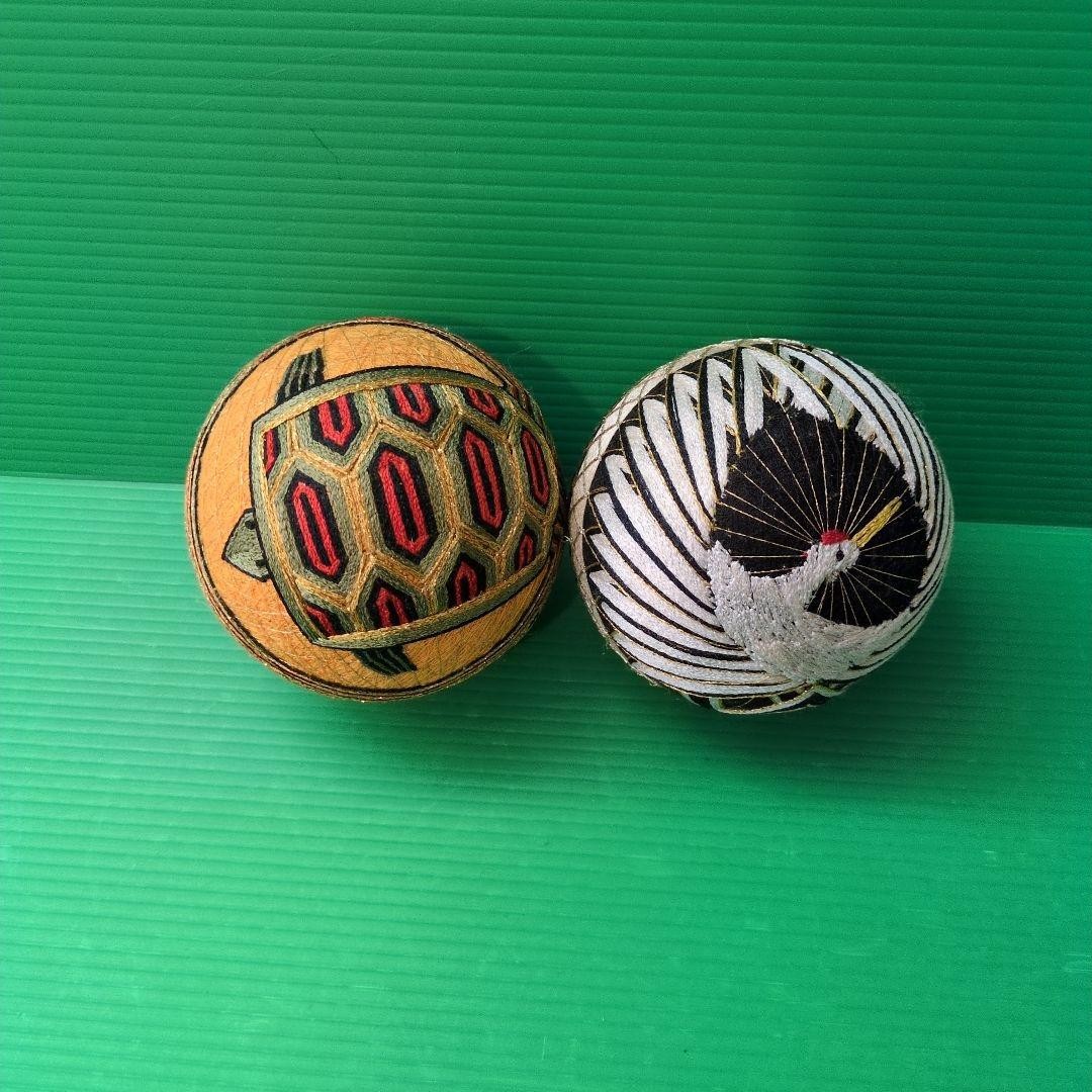 Vintage Japanese Temari Ball Set of 2 Crane Turtle Lucky Charm Interior Decor JP Vintage Japanese Temari Ball Set of 2 Crane Turtle Lucky Charm Interior Decor JP