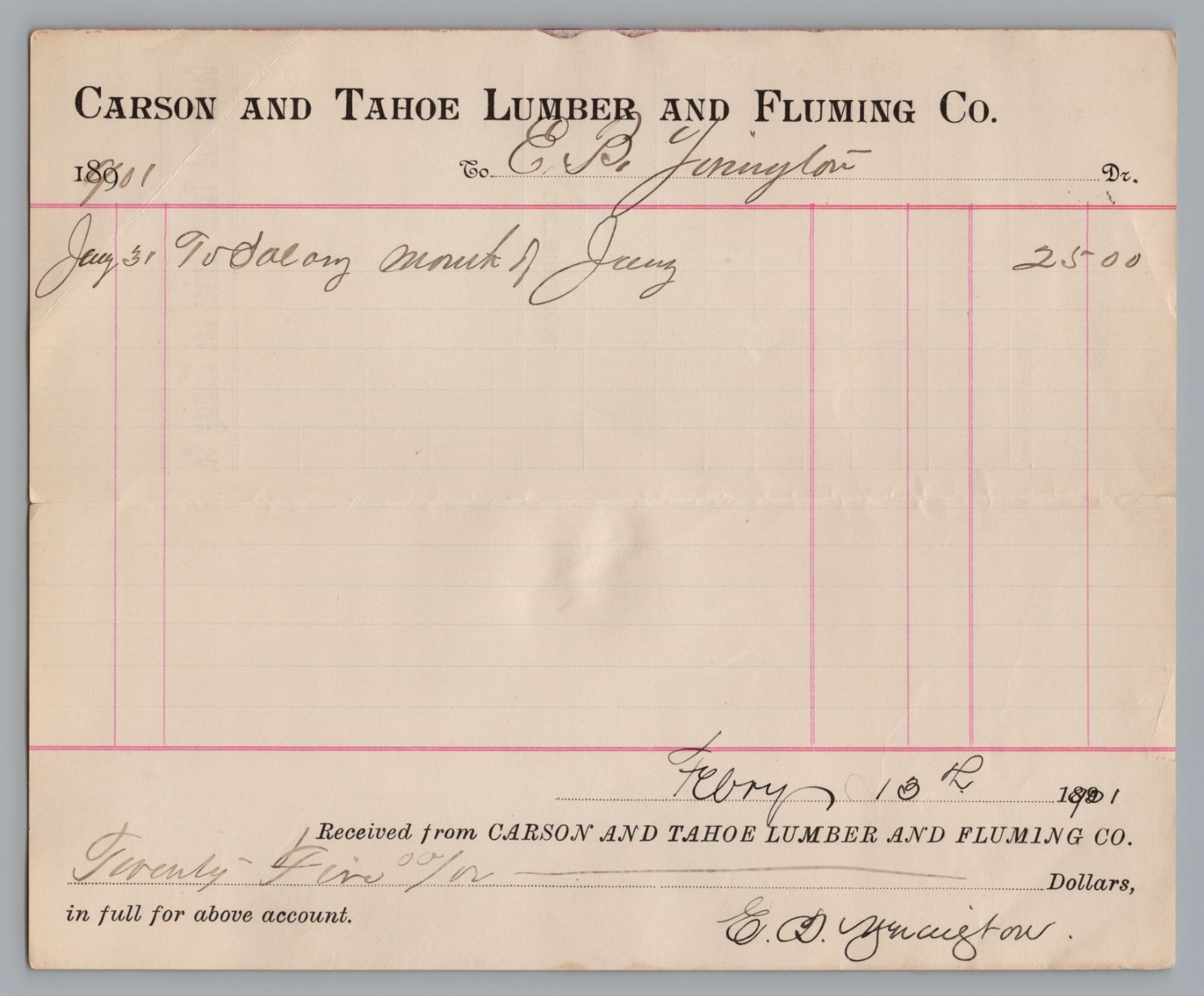 1901 Carson and Tahoe Lumber & Fluming Co. Billhead Voucher Lake Tahoe NV NV/CA