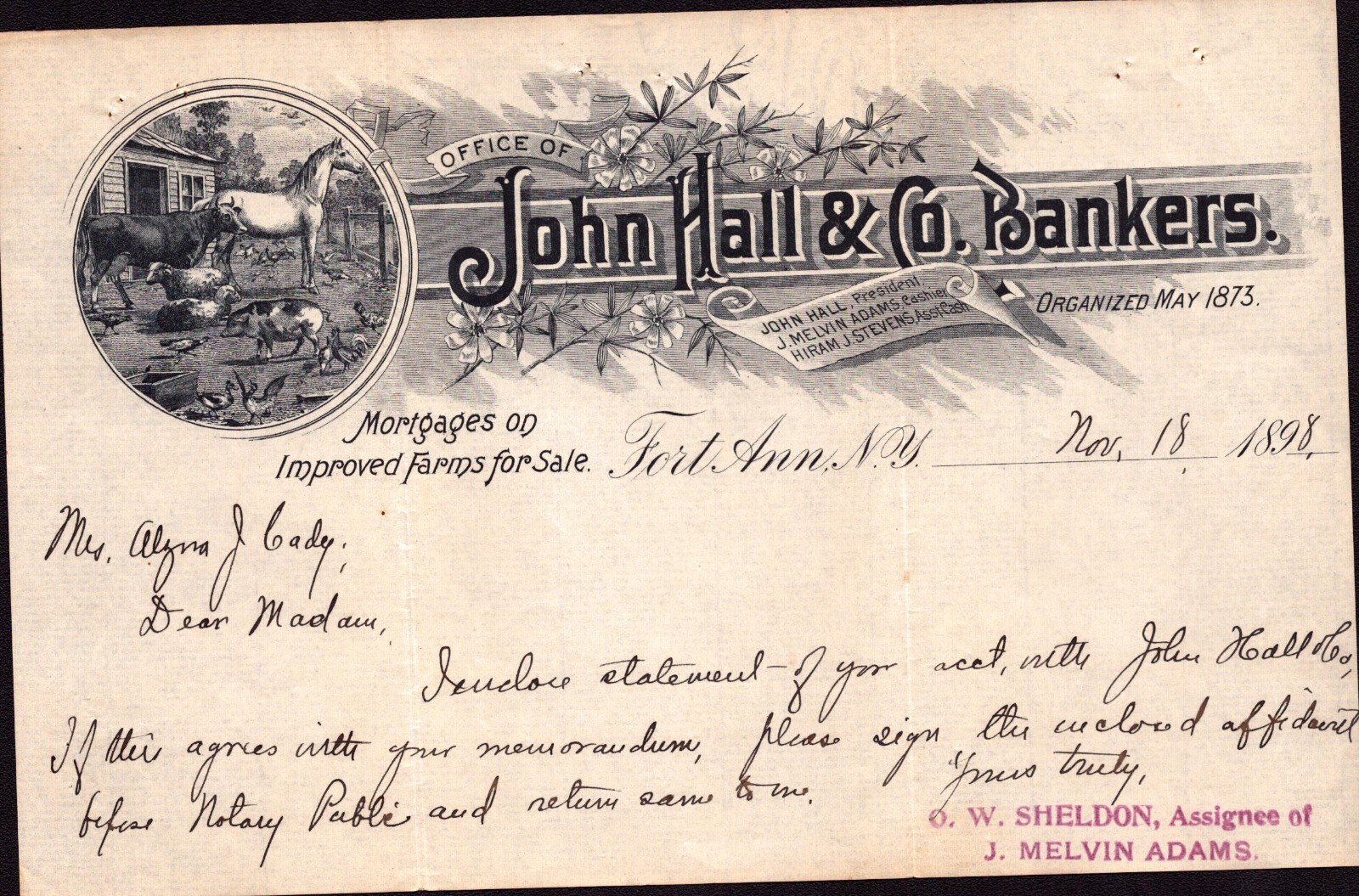 Vintage Letterhead 1898- John Hall & Co., Bankers Horse Cow