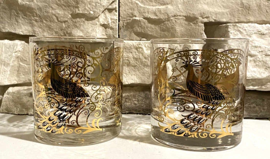 MCM Osborne Kemper Thomas Gold Peacock Old Fashioned Glasses 3.5 MCM Osborne Kemper Thomas Gold Peacock Old Fashioned Glasses 3.5