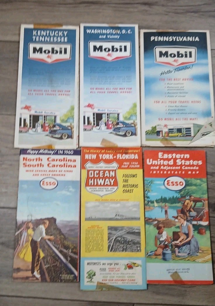6 - Vintage Mobile & Esso 50s & 60s Road Maps Excellent Cond - NC SC PA DC NY/FL 6 - Vintage Mobile & Esso 50s & 60s Road Maps Excellent Cond - NC SC PA DC NY/FL