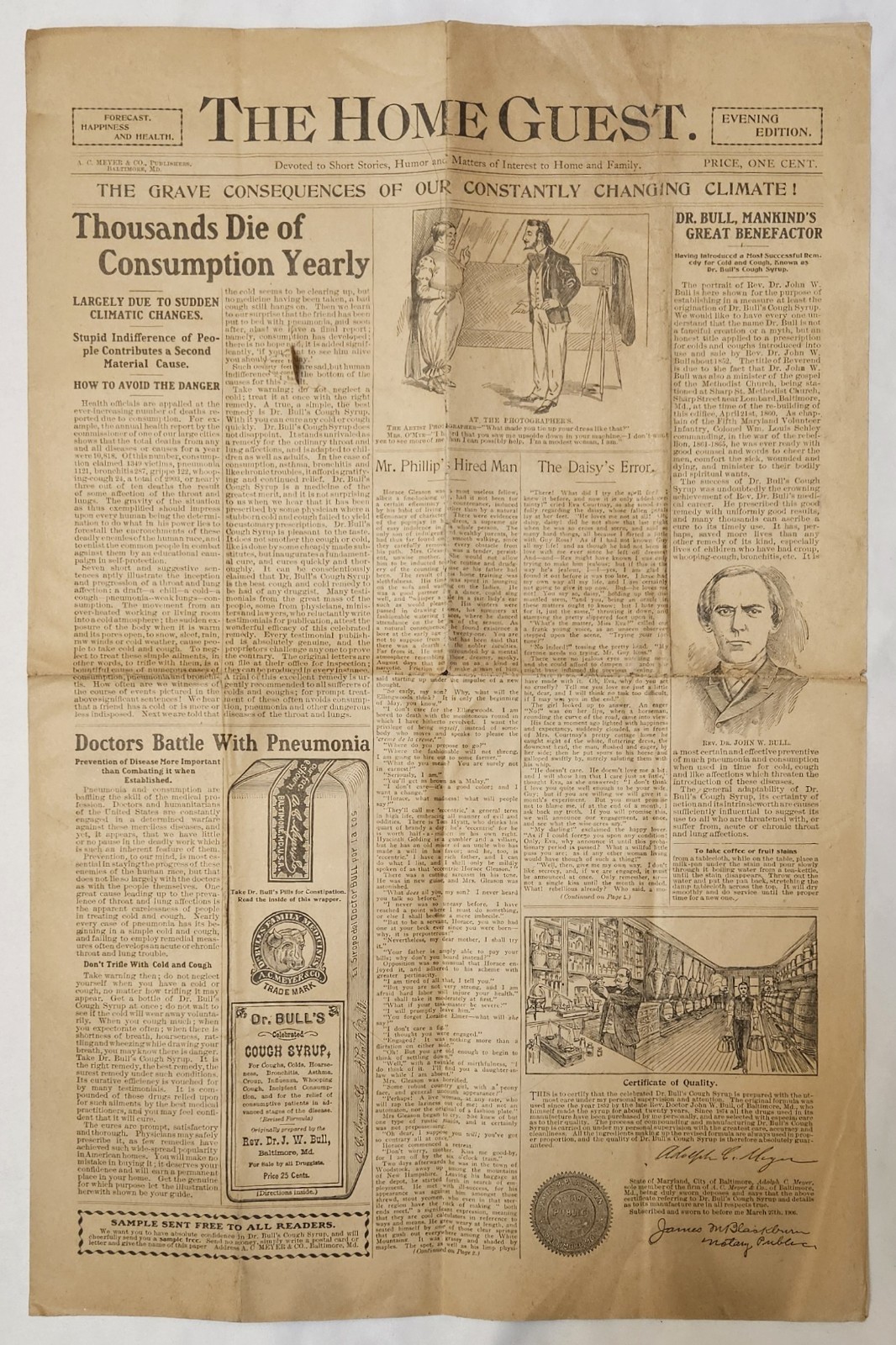 c1890 The Home Guest Dr Bull Cough Syrup Quack Medicine TB Advertising Paper