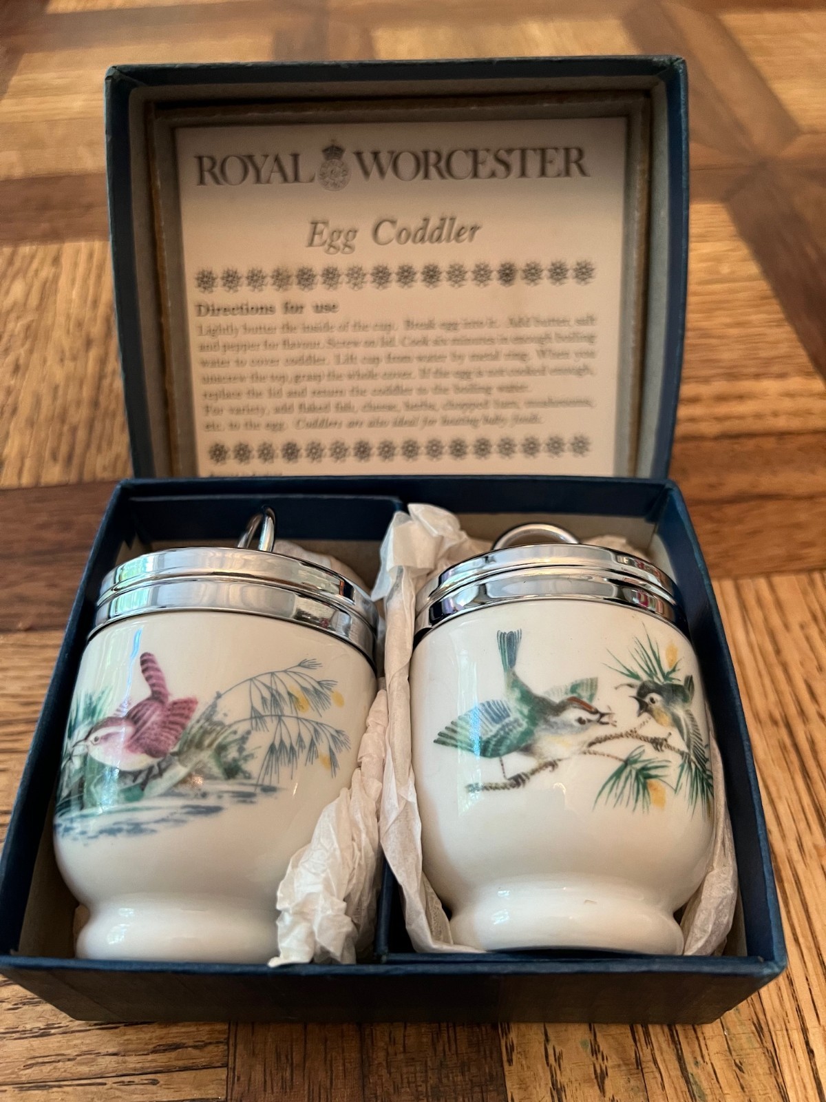 Vtg ROYAL WORCESTER 2-Pc EGG CODDLER Set in ORIGINAL Box Birds in Pine and Marsh
