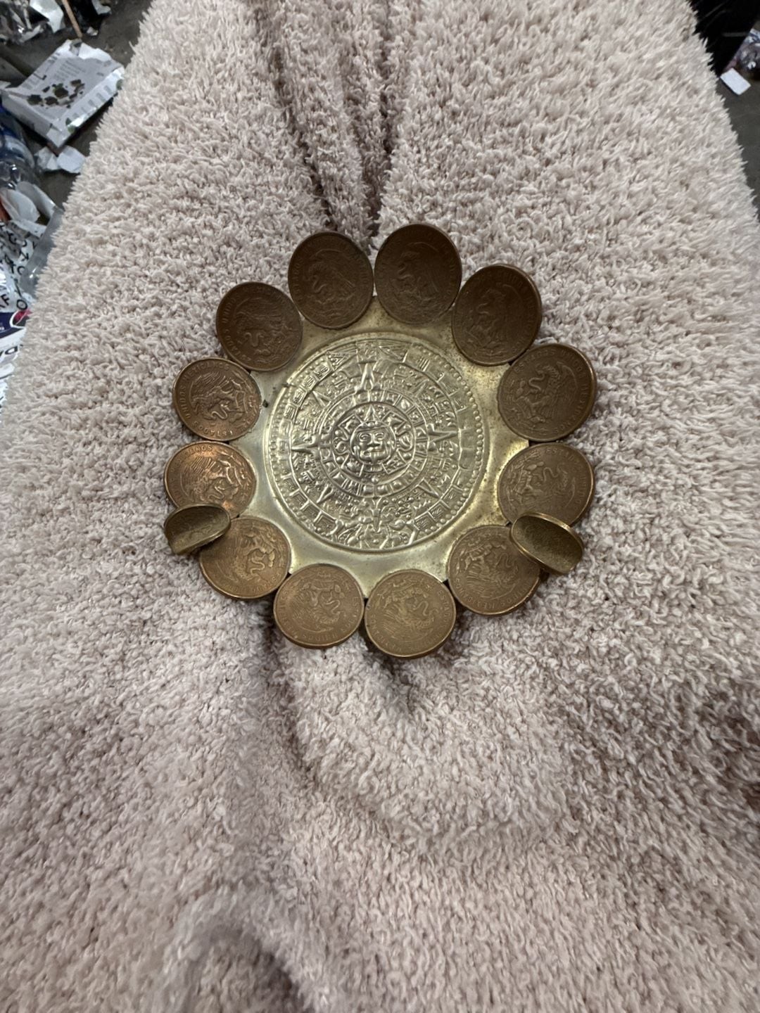Vintage Mexican Coin Ashtray Aztec Calendar Brass Souvenir Vintage Mexican Coin Ashtray Aztec Calendar Brass Souvenir
