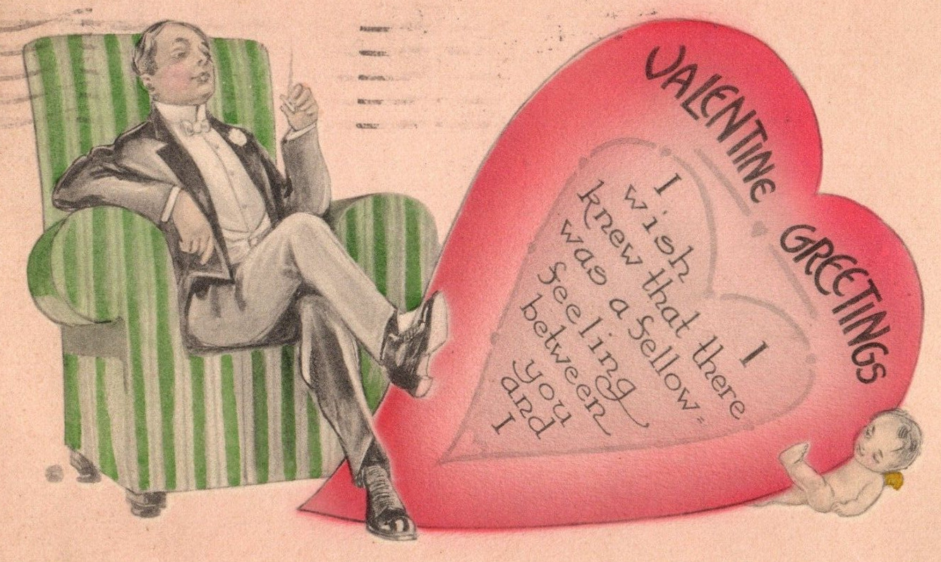 C. 1915-20 Man Smoking Cupid Giant Heart Valentine Vintage Postcard F24 C. 1915-20 Man Smoking Cupid Giant Heart Valentine Vintage Postcard F24