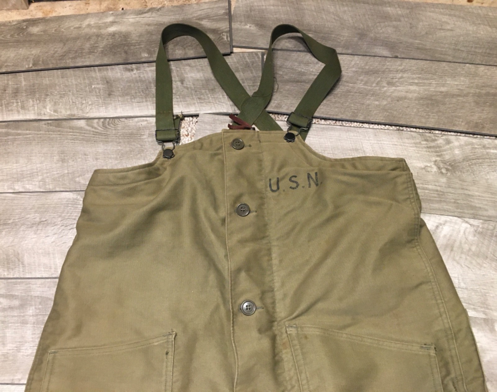 WW2 WWII US Navy Tanker Bibs Overall Pants Medium Olive Green Ship Deck Vtg 40s