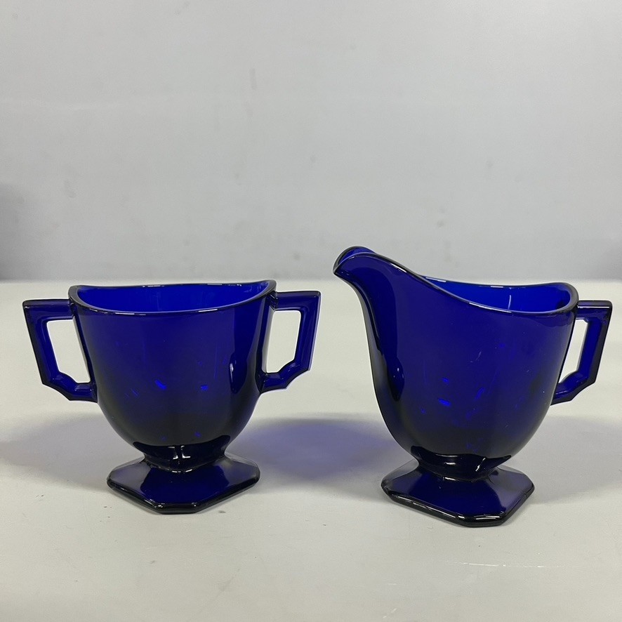 Vintage Cobalt Blue Glass Cream & Sugar Set  Farmhouse Table Cottage Heavy