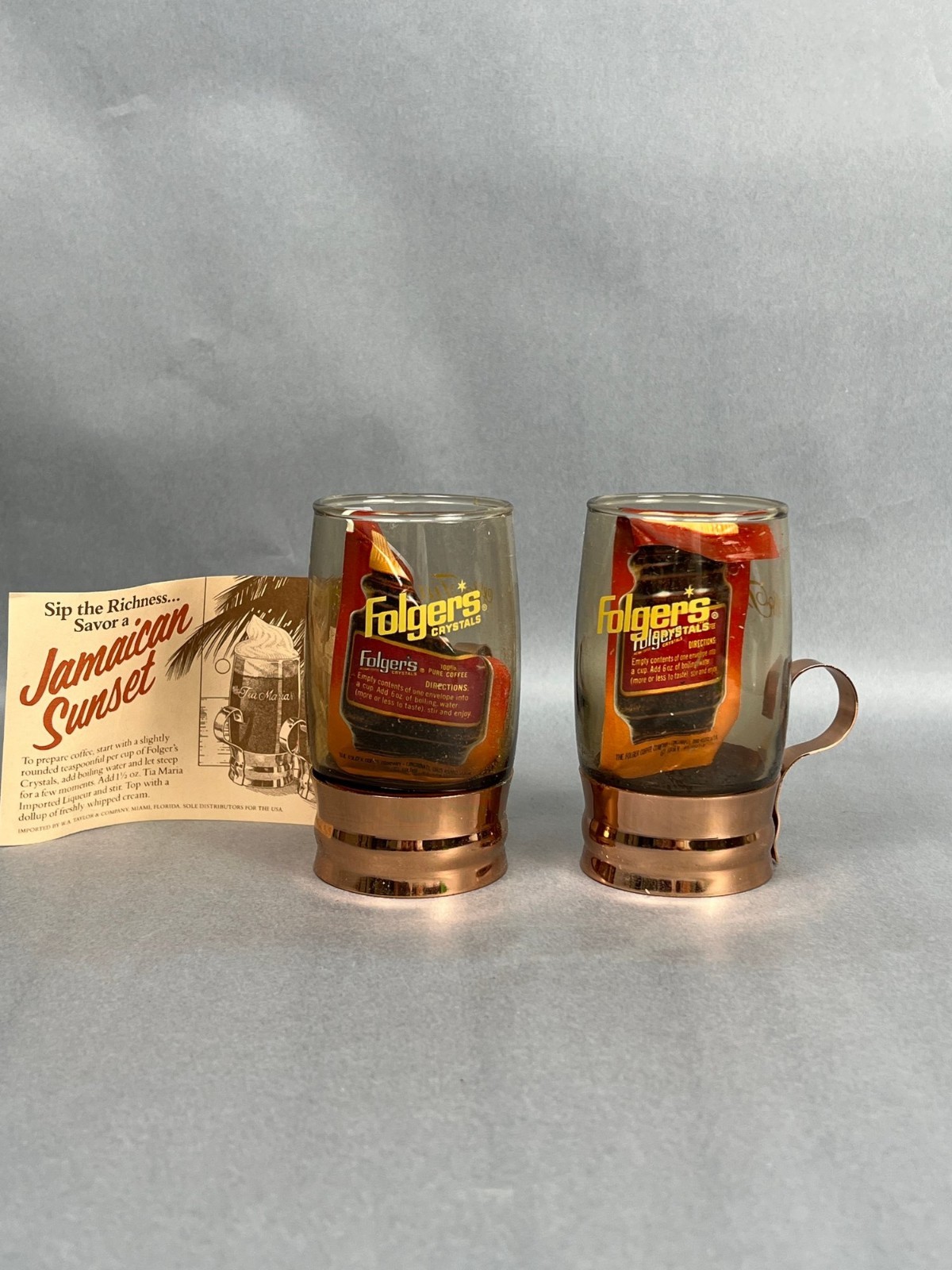Pair of Vintage Folgers /Tia Maria Liqueur Hot Toddy Glasses with Copper Handles