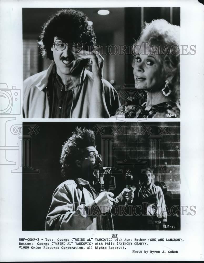 1989 Press Photo Weird Al Yankovic, Sue Ane Langdon & Anthony Geary in 1989 Press Photo Weird Al Yankovic, Sue Ane Langdon & Anthony Geary in