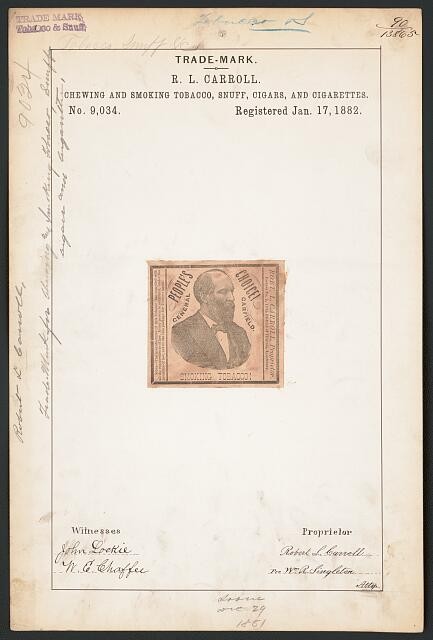 R L Carroll Peoples Choice Tobacco Trade Mark 1882 Cigars Cigarettes Snuff