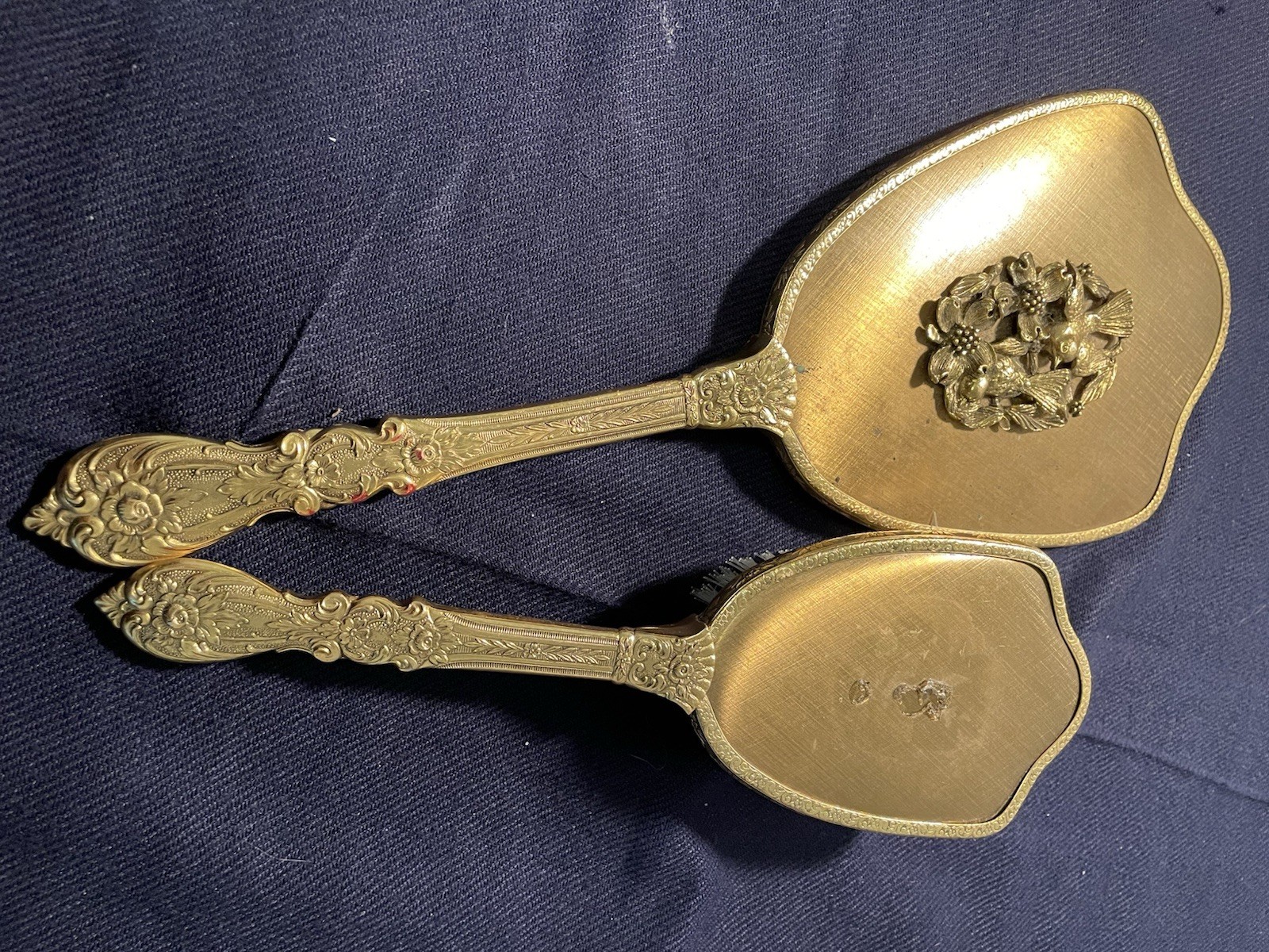 Victorian Antique Hand Mirror, Brush Set With Roses and birds  24k gold plated 