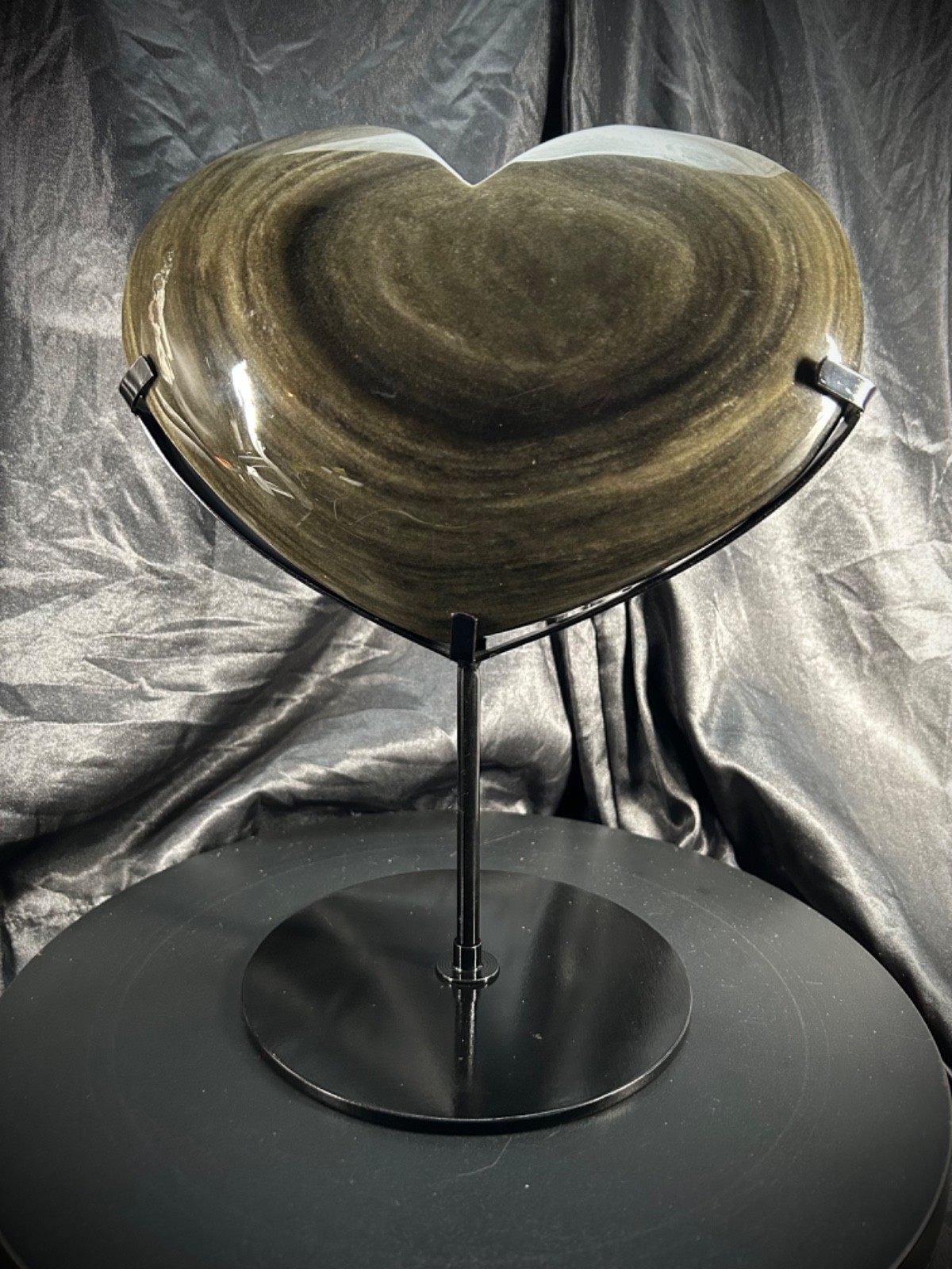 8lb Elegant Jumbo Golden Obsidian Heart With Custom Metal Stand