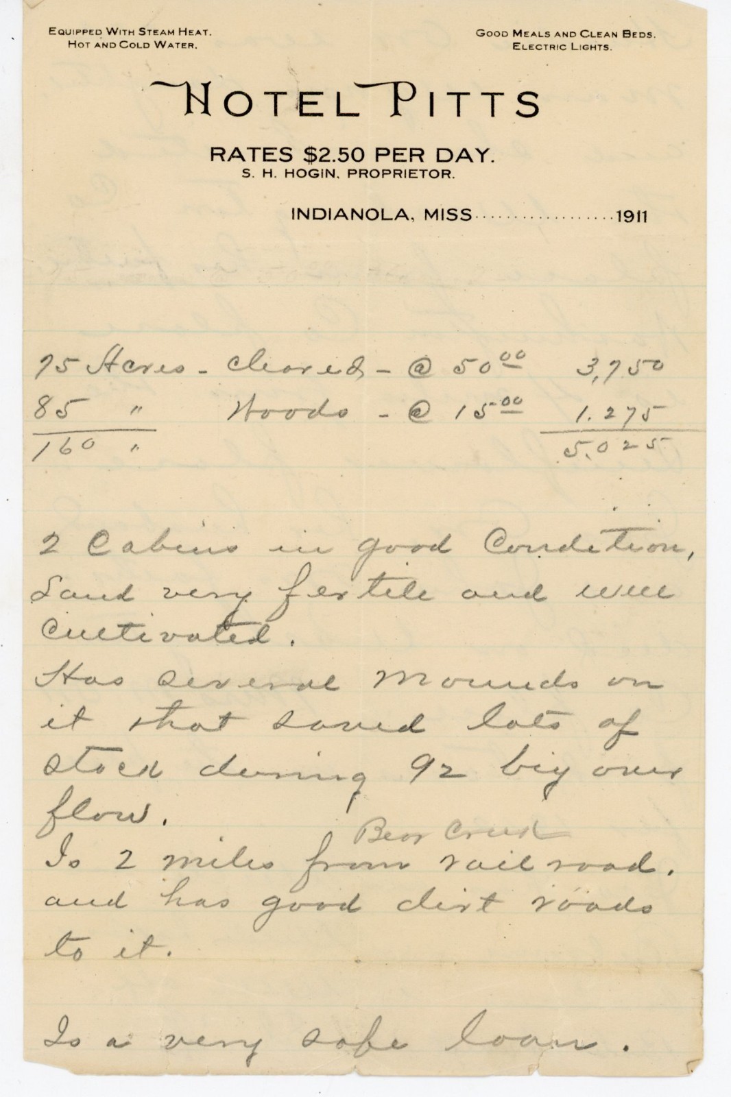 1911 Hotel Pitts Indianola MS Letterhead Mississippi Delta Land Loan History