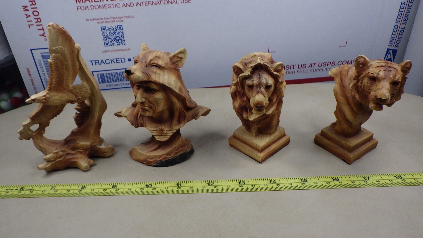 Vintage Resin Wood-Appearance Animals Indian Eagle Lion Bear Varying Condition