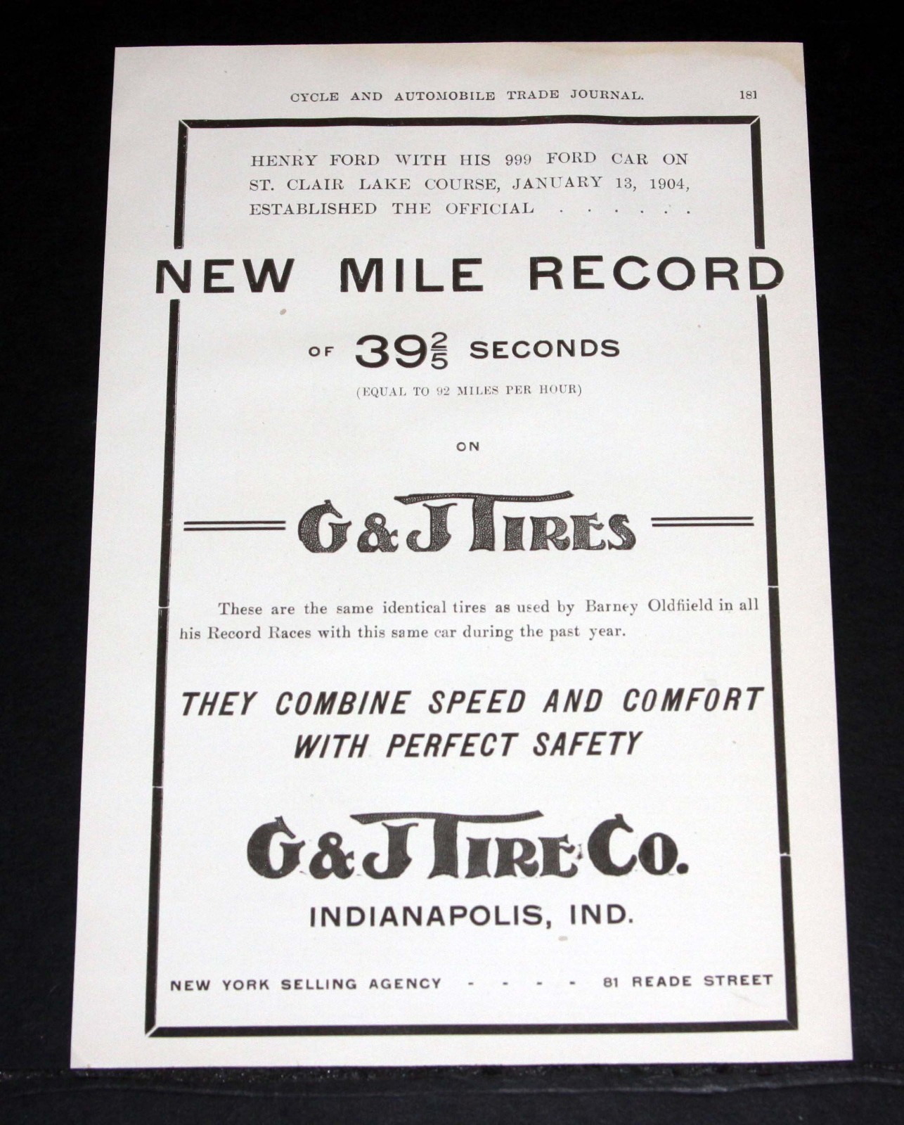 1904 OLD MAGAZINE PRINT AD, G&J TIRES, NEW MILE RECORD, HENRY FORD IN 999 CAR