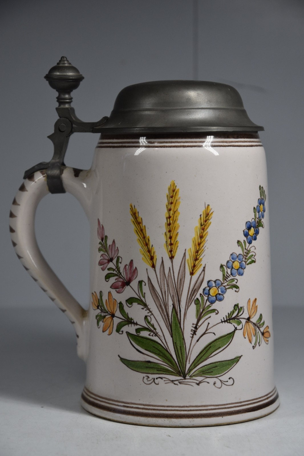 Vintage German Erste Kulmbacher Ceramic Beer Stein Lid Hand Painted Flowers