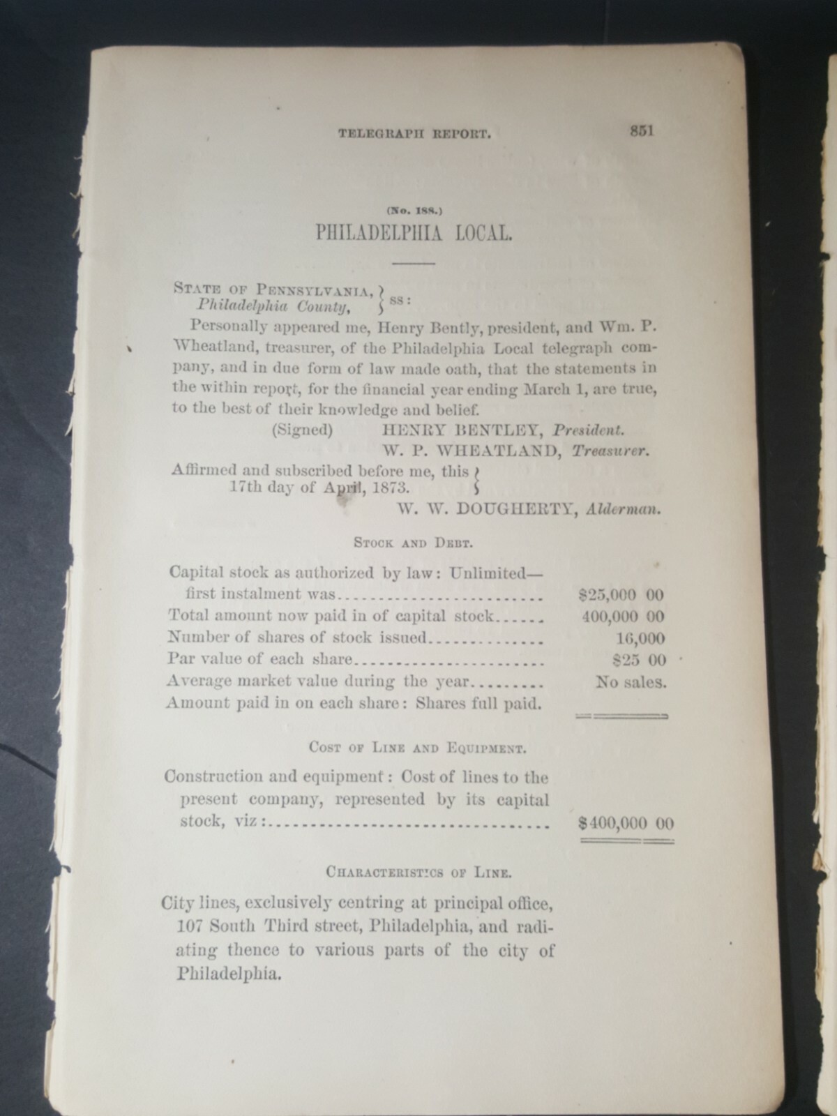1873 paper report PHILADELPHIA LOCAL TELEGRAPH COMPANY  Henry Bentley President