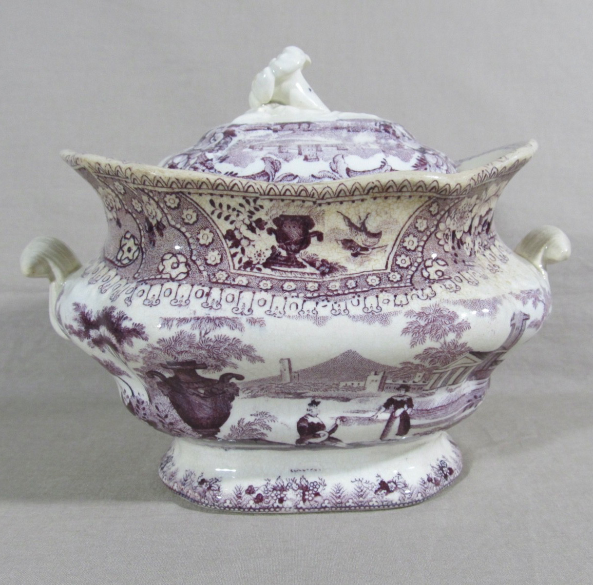 Antique Enoch Wood and Sons Purple Transferware Sugar Bowl with Cover Antique Enoch Wood and Sons Purple Transferware Sugar Bowl with Cover