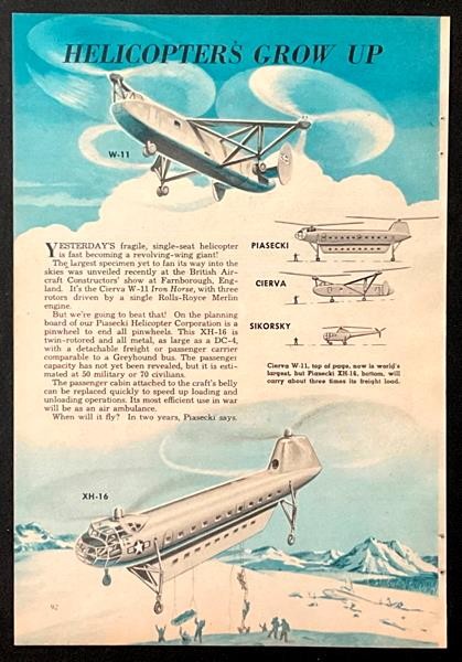 “Helicopters Grow Up” 1949 graphic pictorial Piasecki XH-16~Cierva W-11~Sikorsky