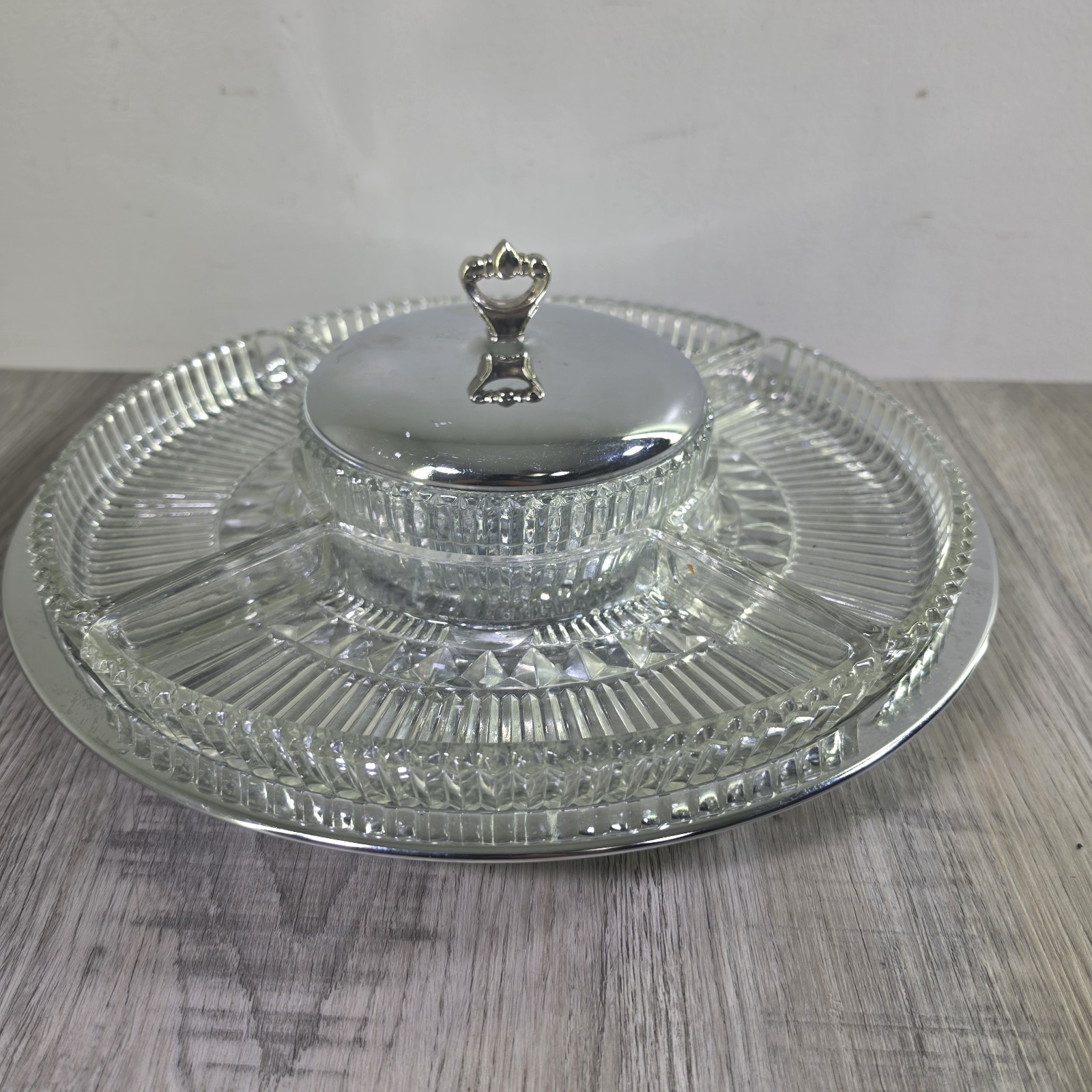 Vintage KROMEX Lazy Susan Revolving Serving Dish Party Tray Chrome & Glass MCM