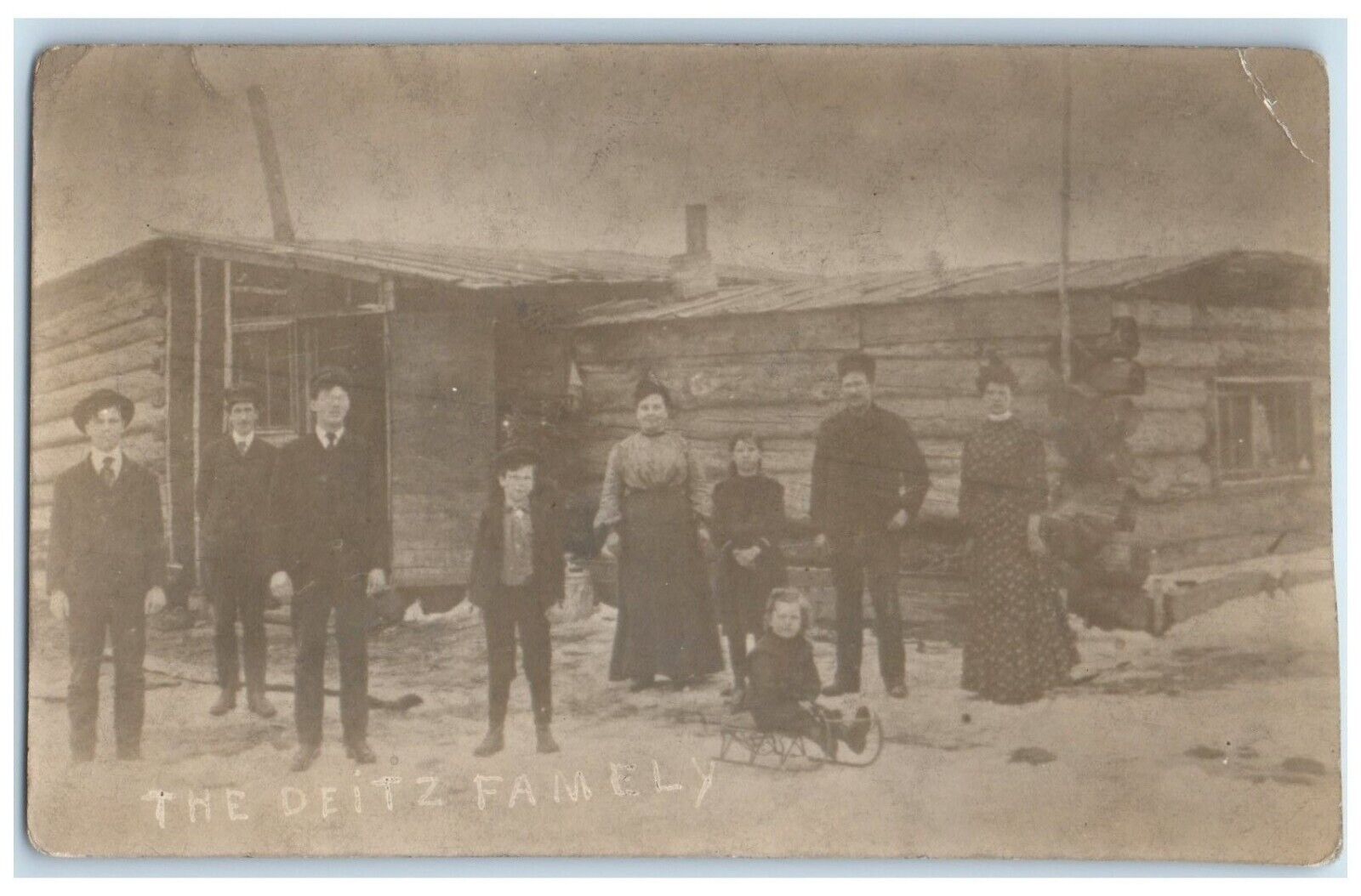 c1910's The Dietz Family Log Cabin Sled RPPC Photo Unposted Antique Postcard