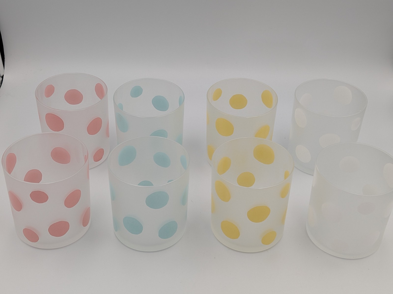 Vintage Frosted Pastel Polka Dot Tumbler Glasses Pink Blue Yellow White Set of 8