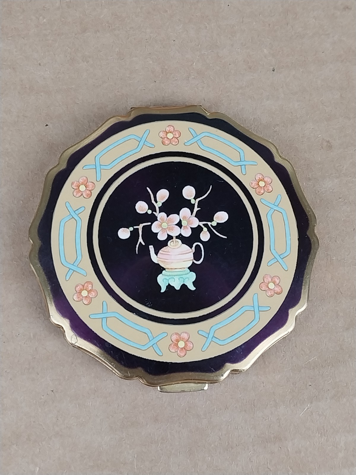 Vintage Stratton Princess Compact Enamel Blue Pink Floral Oriental Design