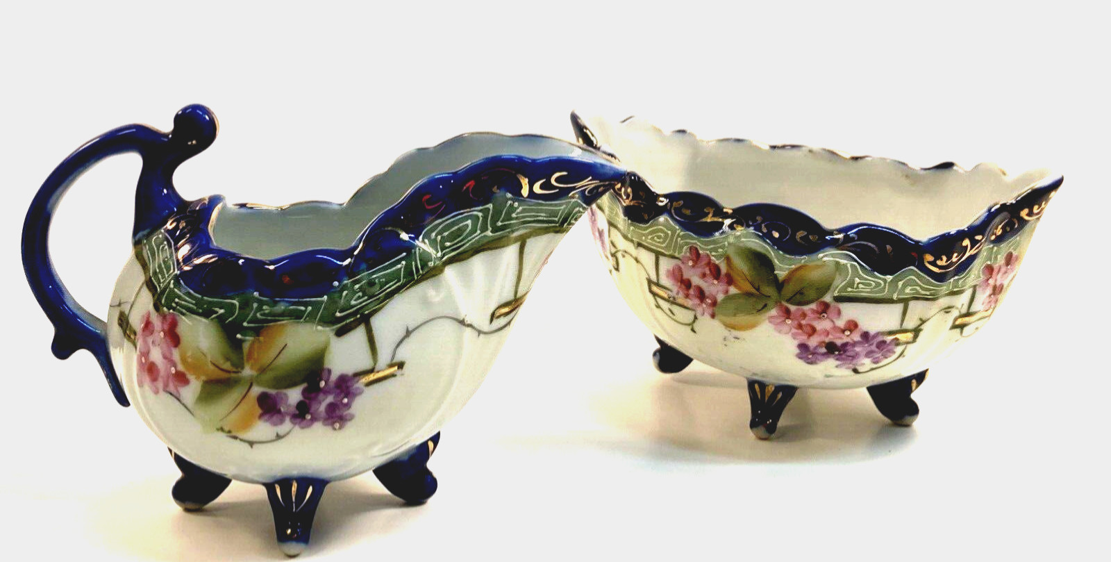 Tokina TE-OH Nippon Moriage Hand Painted Porcelain Footed Open Sugar & Creamer Tokina TE-OH Nippon Moriage Hand Painted Porcelain Footed Open Sugar & Creamer